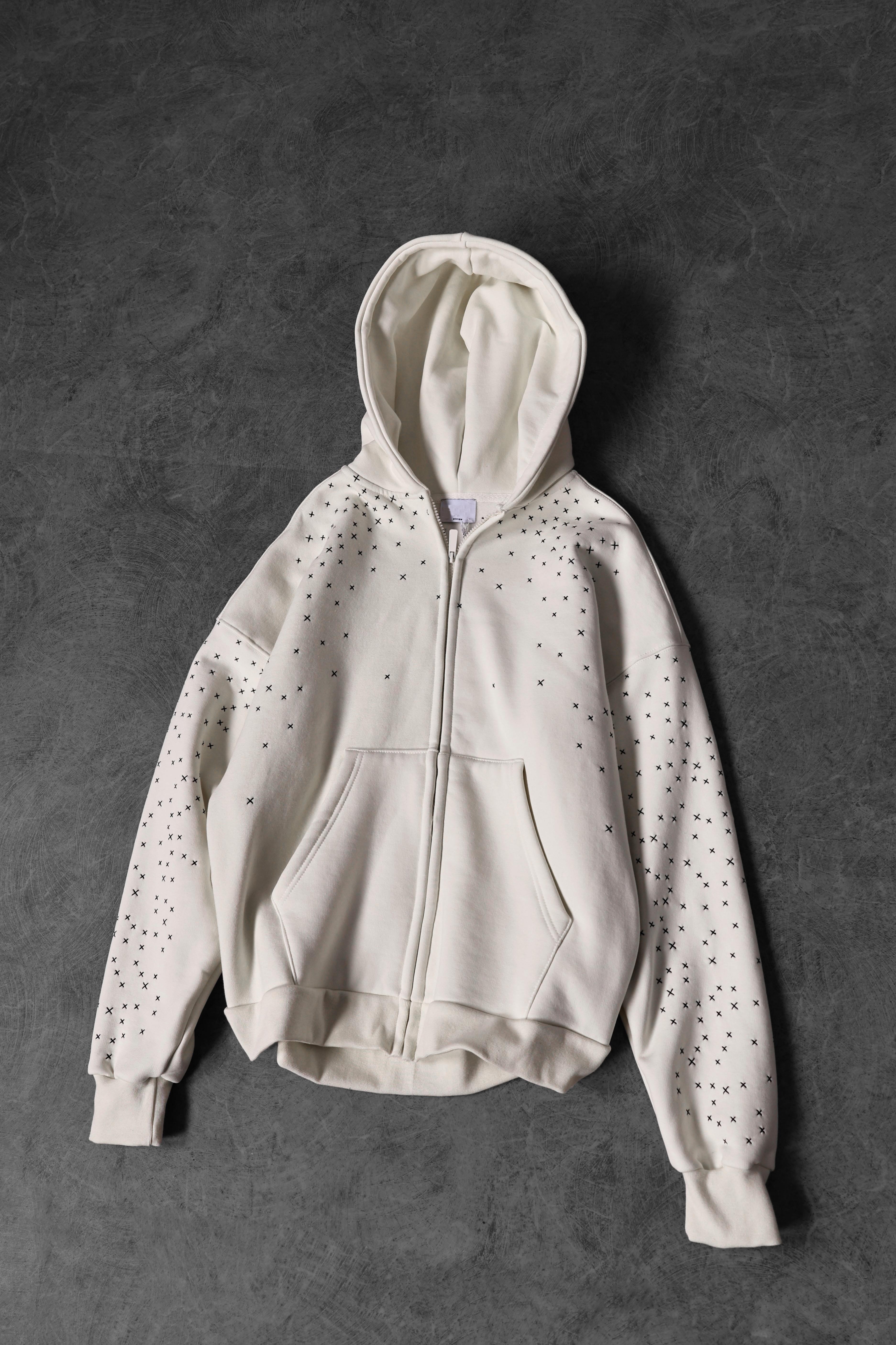 Erkek Bej Nakış Detay Full Zip Oversize Kapüşonlu Sweatshirt