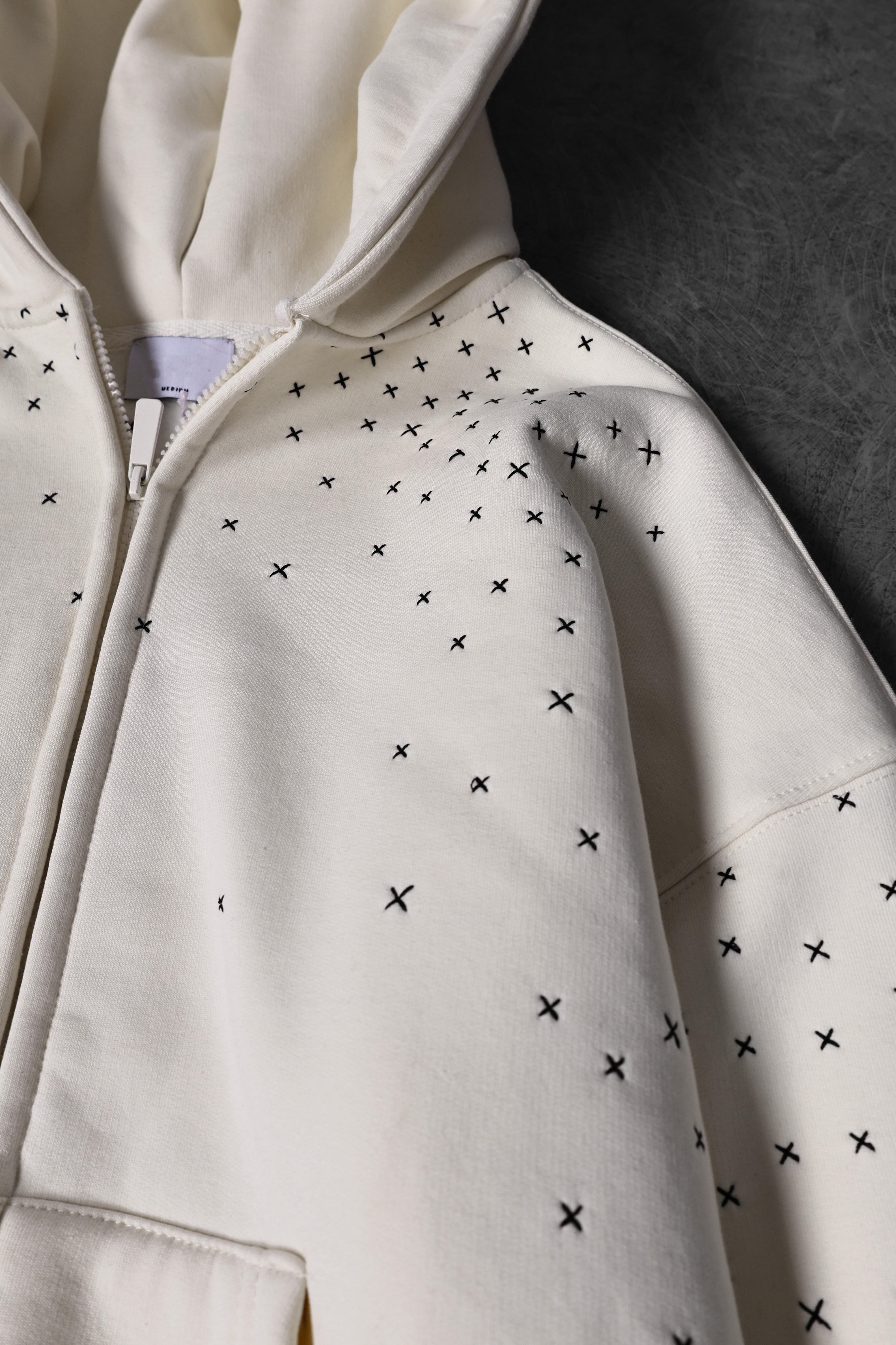 Erkek Bej Nakış Detay Full Zip Oversize Kapüşonlu Sweatshirt