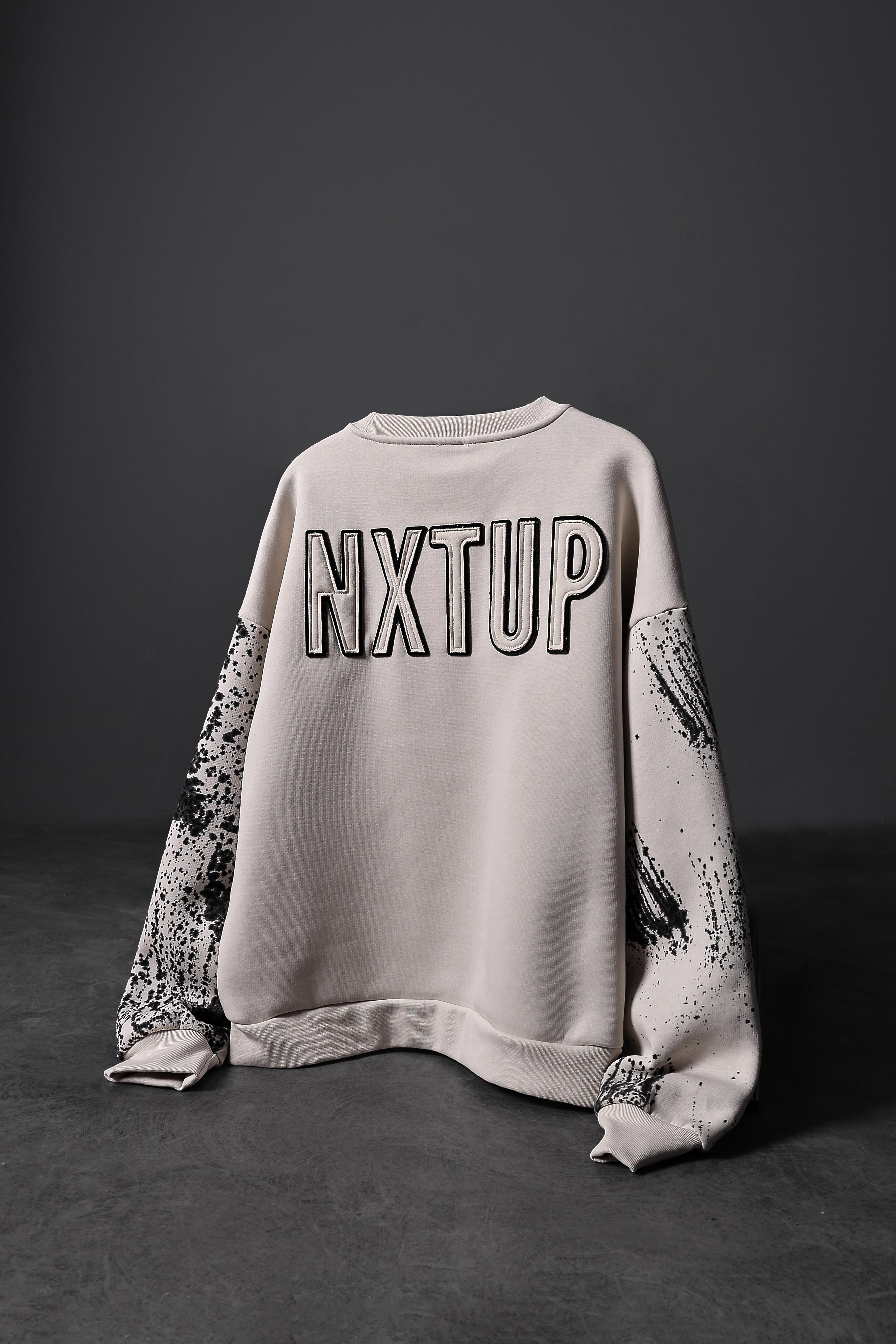 Erkek Bej Nxtup Nakışlı Kol Detay Oversize Sweatshirt