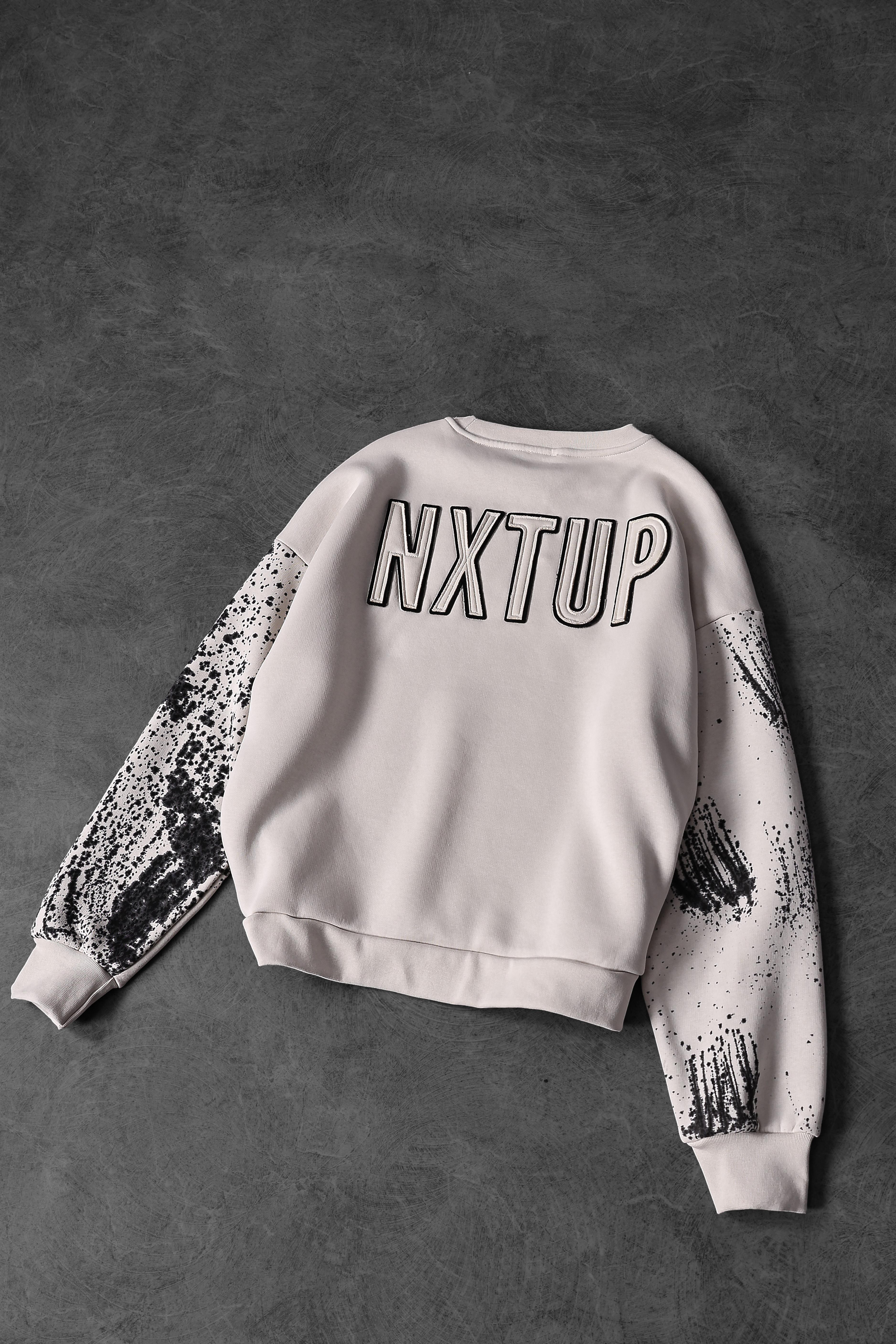 Erkek Bej Nxtup Nakışlı Kol Detay Oversize Sweatshirt