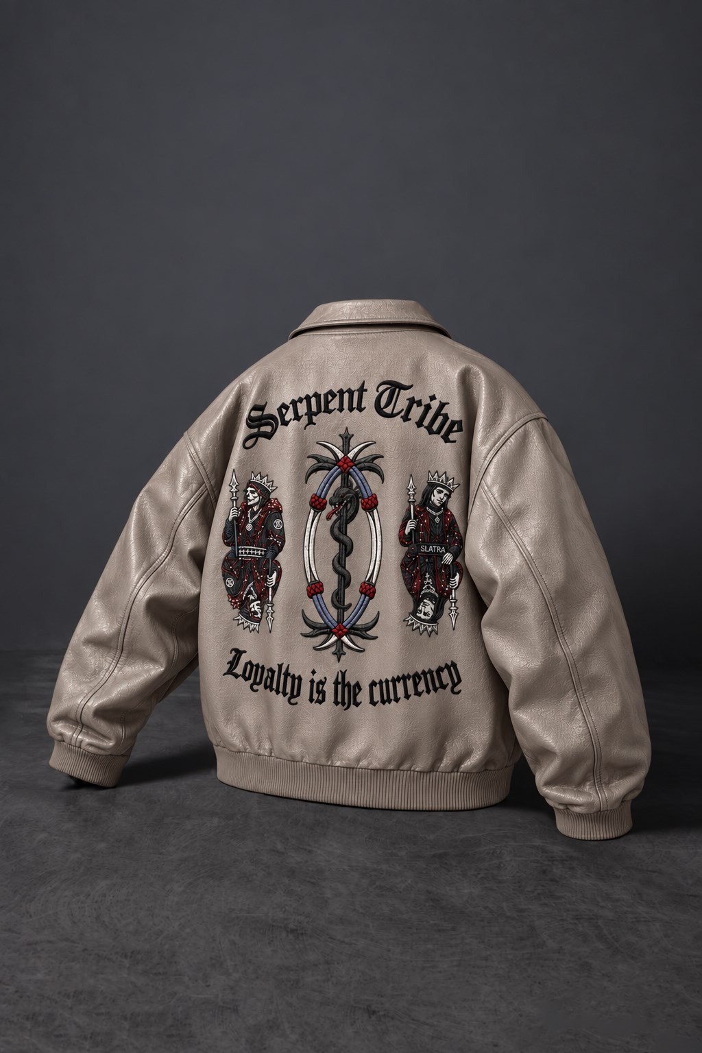 Erkek Bej Serpent Tribe Nakışlı Bomber Deri Ceket