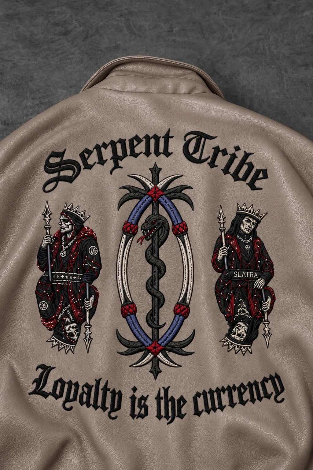Erkek Bej Serpent Tribe Nakışlı Bomber Deri Ceket