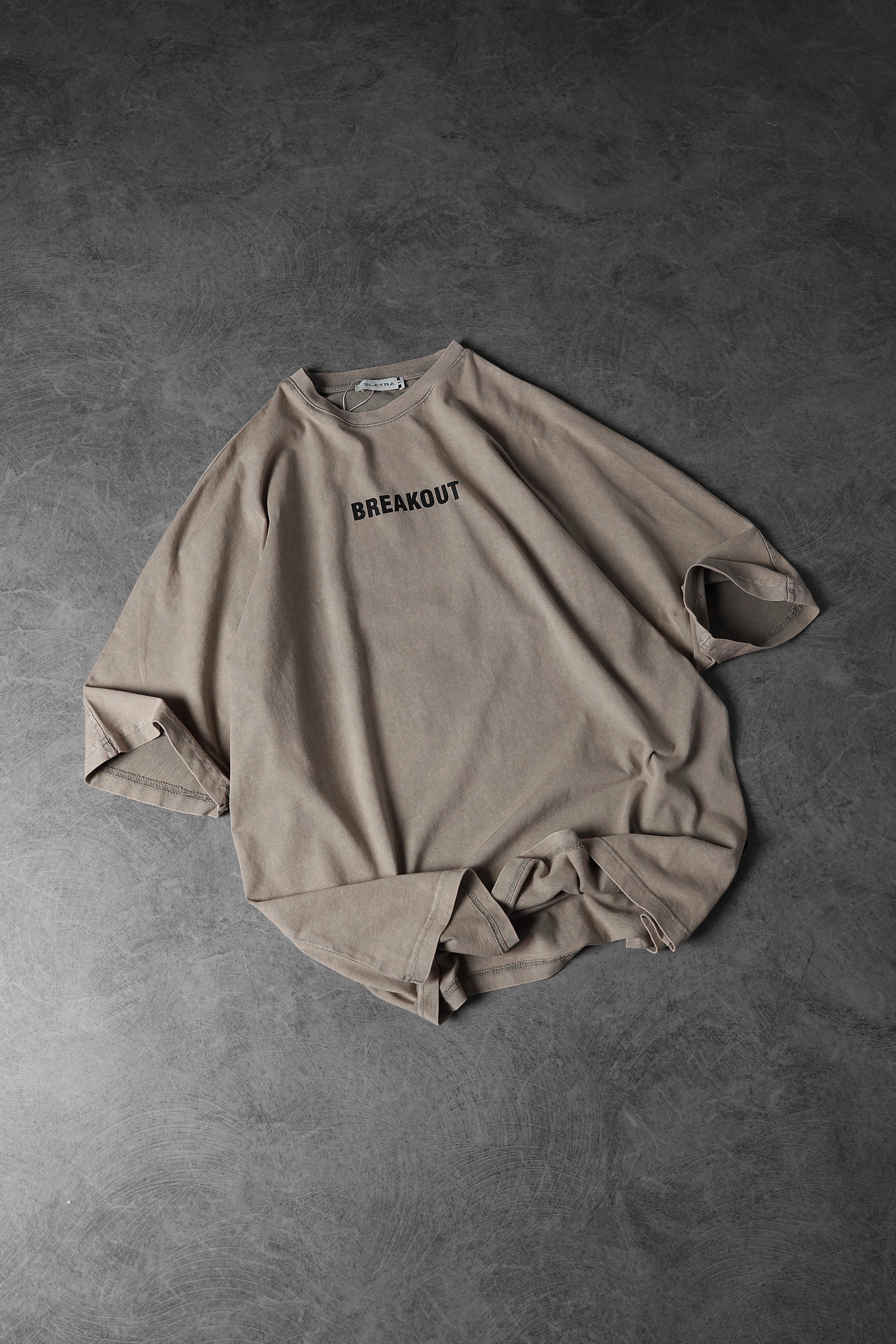 Erkek Bej Snake Baskı Özel Yıkamalı Kumaş  Oversize Tshirt
