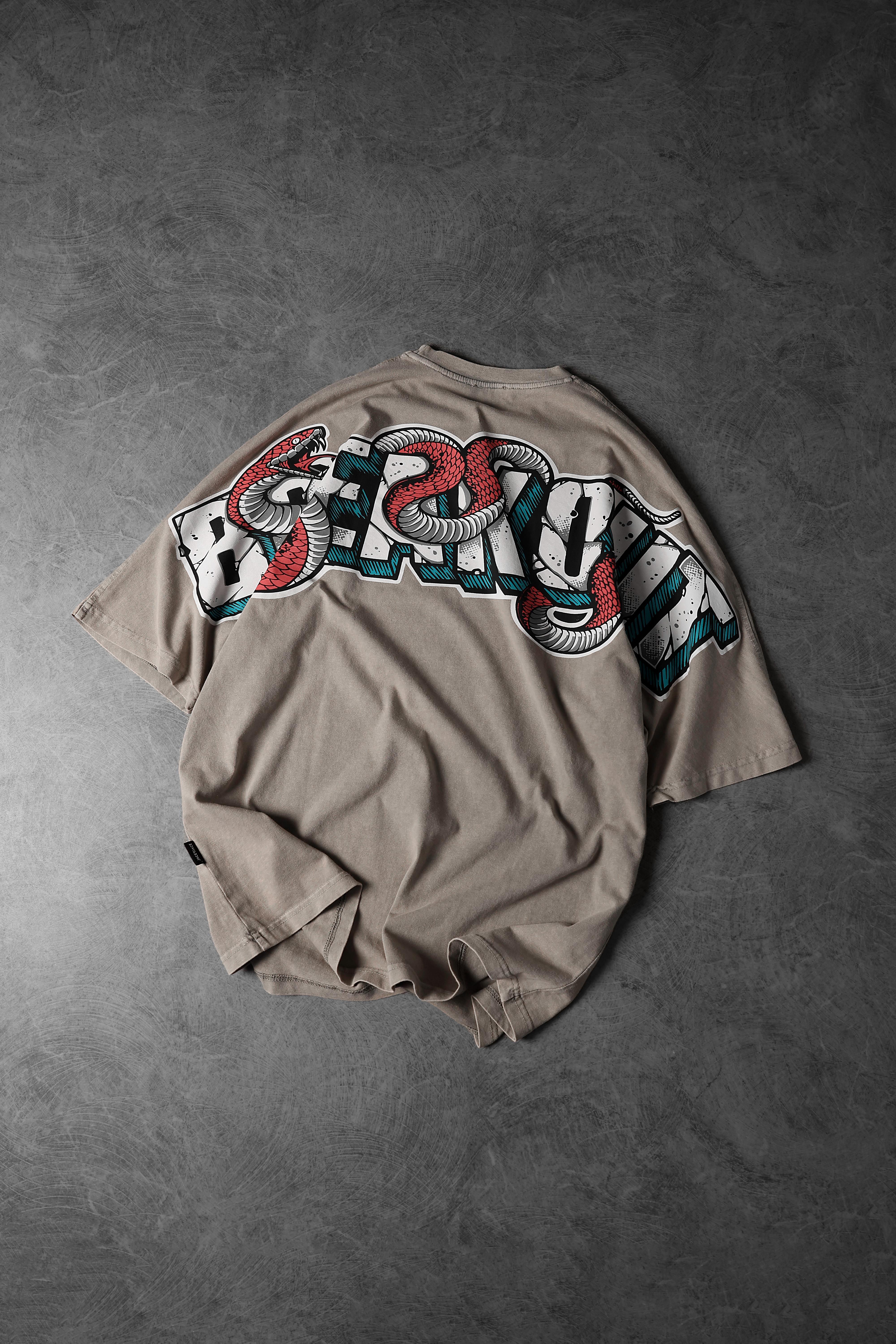 Erkek Bej Snake Baskı Özel Yıkamalı Kumaş  Oversize Tshirt