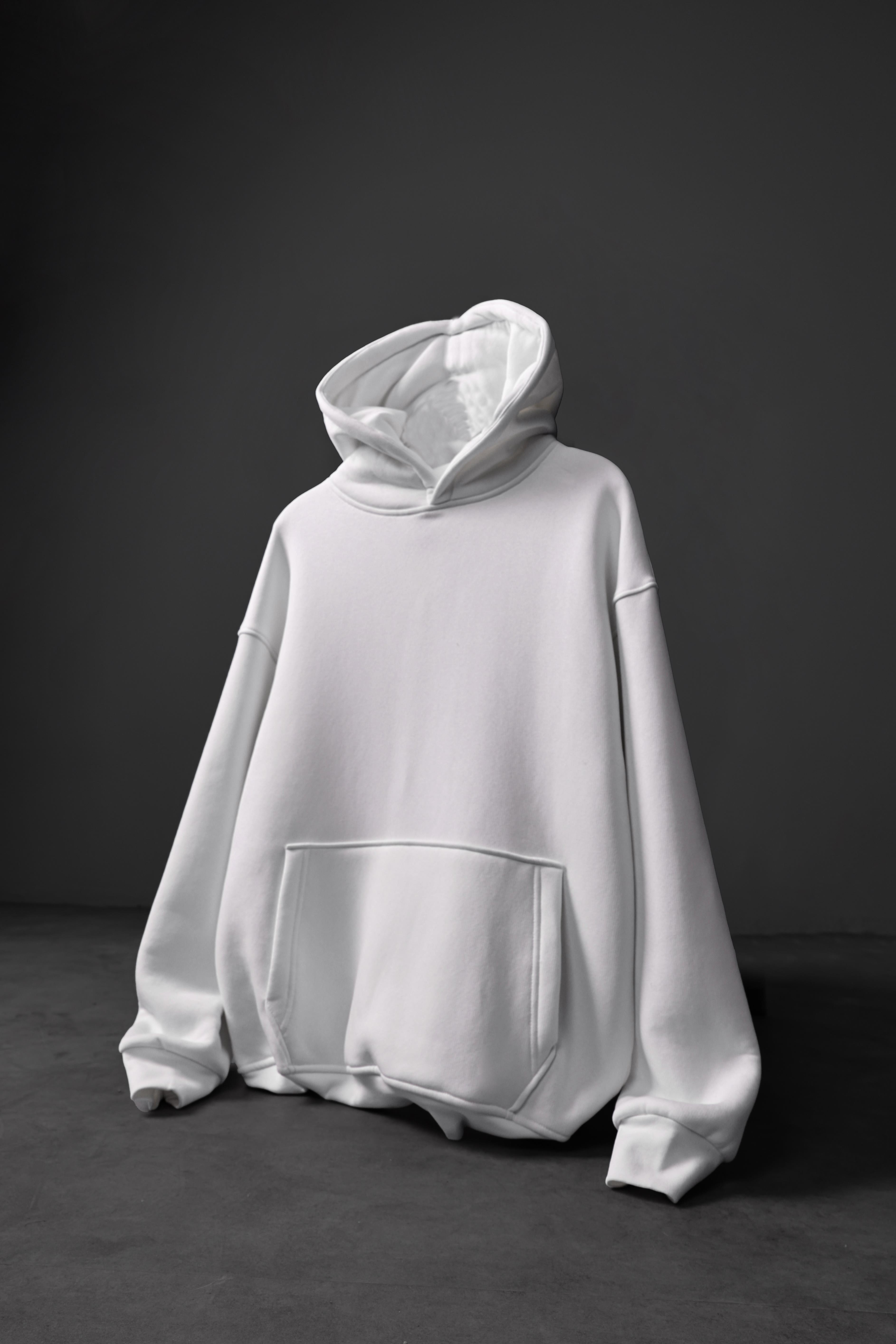 Erkek Beyaz Basic Kapüşonlu Oversize Sweatshirt