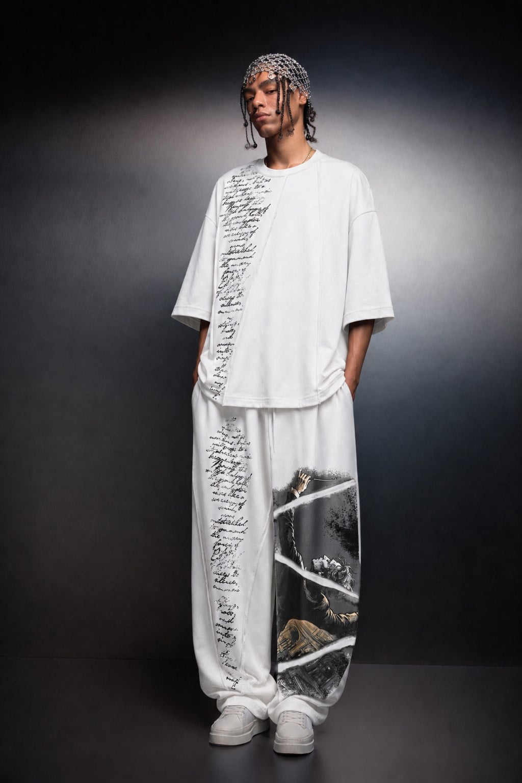 Erkek Beyaz Conductor Baskılı Parçalı Oversize Tshirt