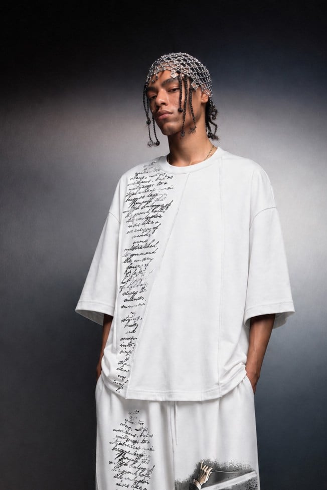 Erkek Beyaz Conductor Baskılı Parçalı Oversize Tshirt