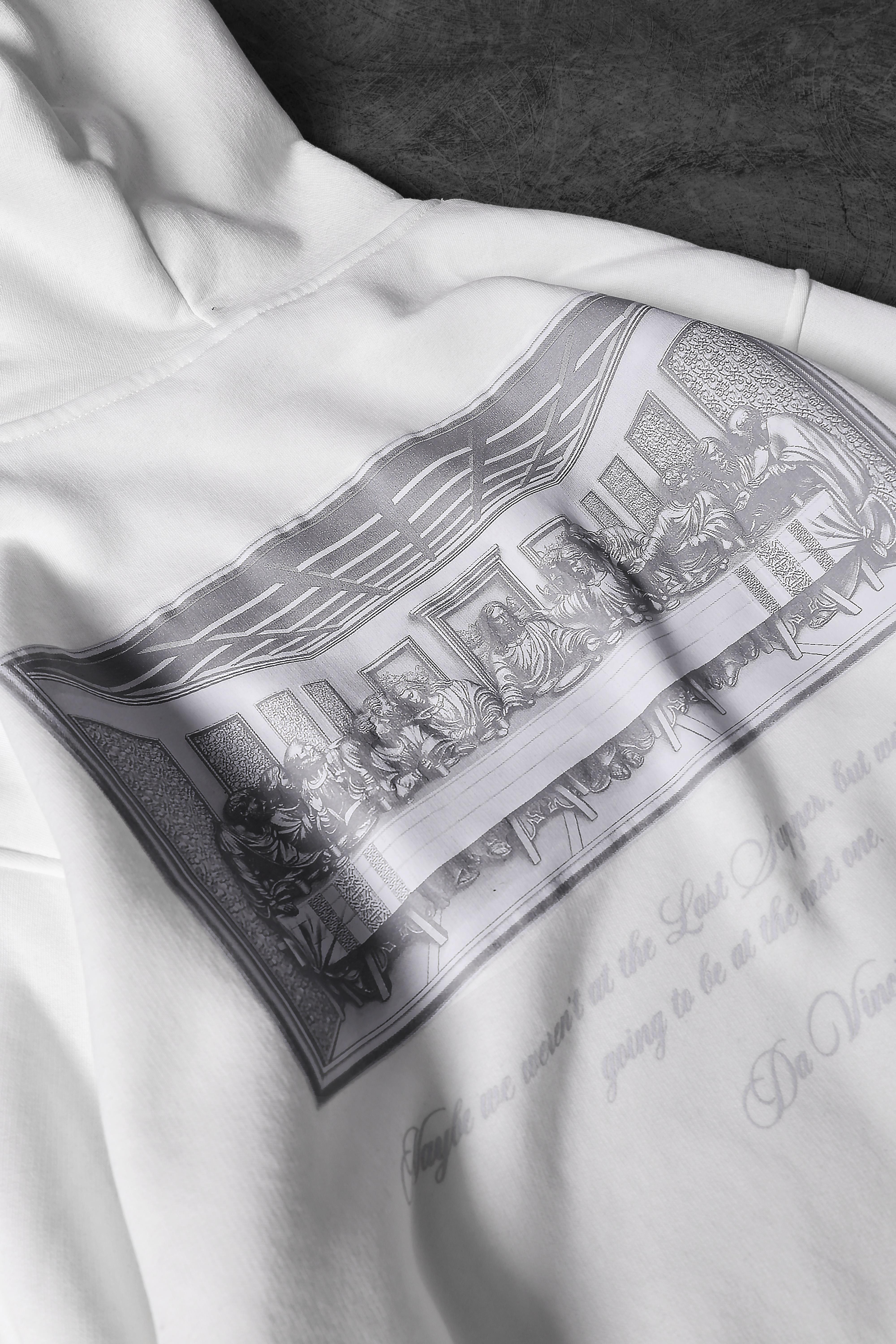 Erkek Beyaz Da Vinci Kabartma Baskılı Oversize Kapüşonlu Sweatshirt