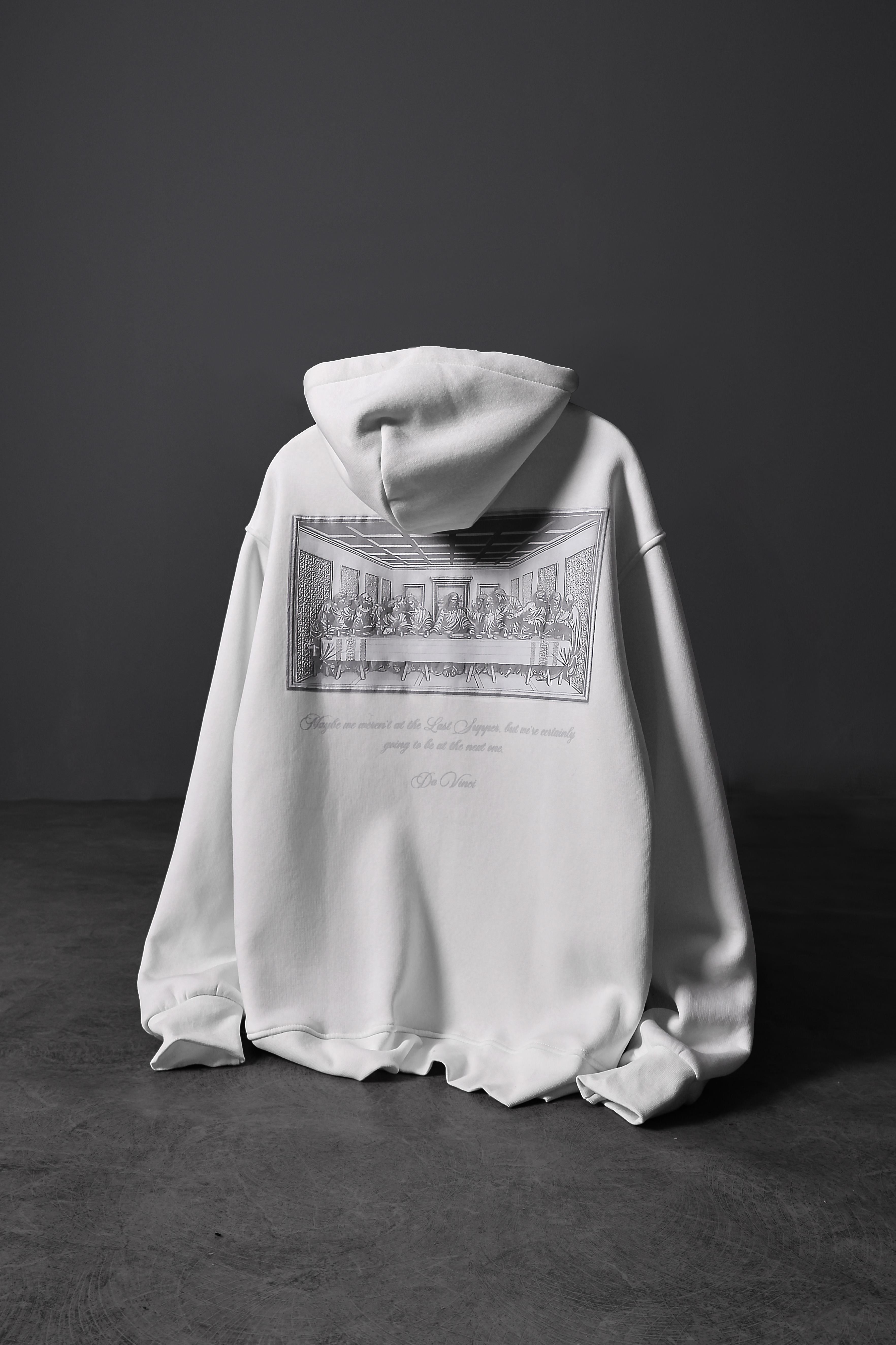 Erkek Beyaz Da Vinci Kabartma Baskılı Oversize Kapüşonlu Sweatshirt