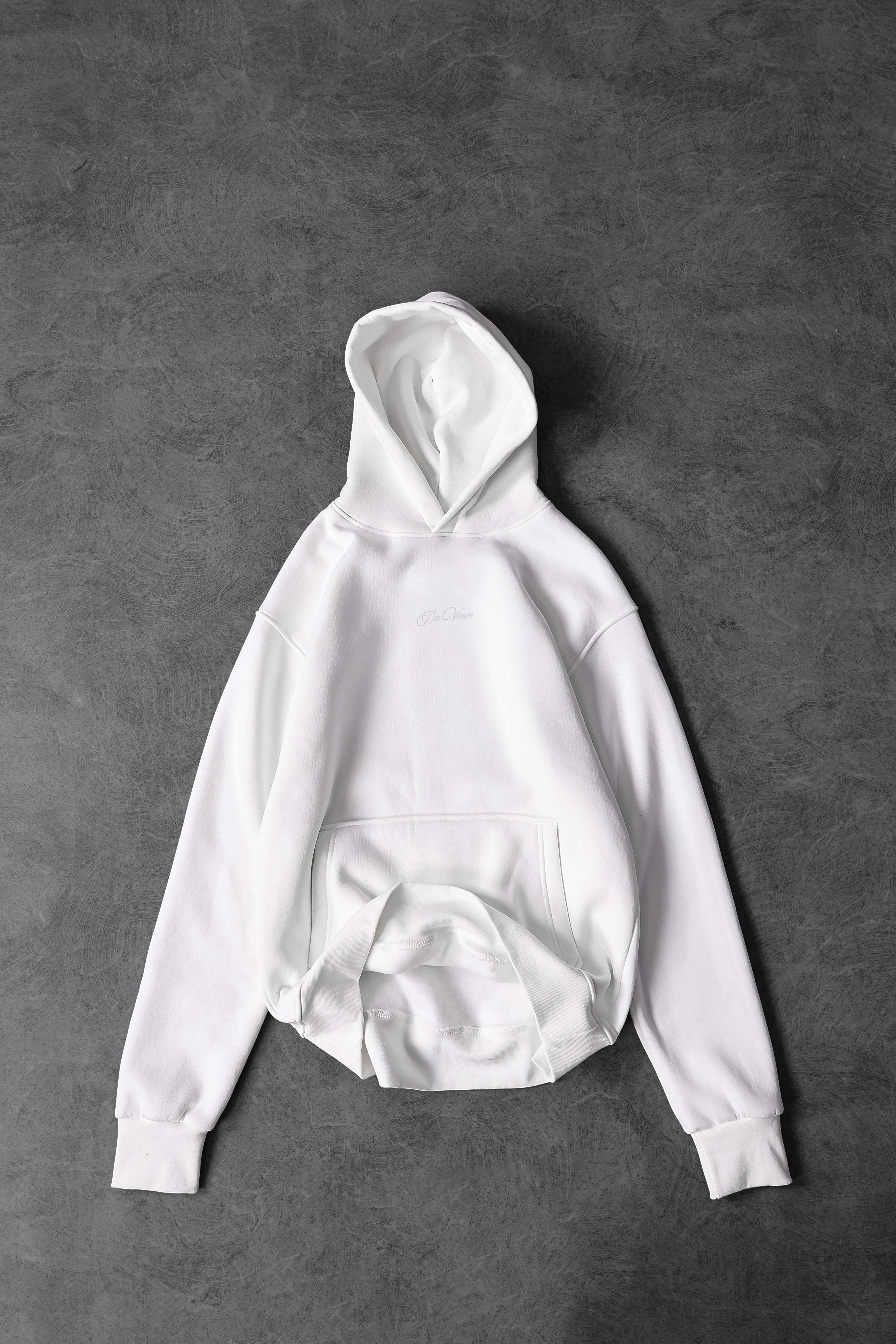 Erkek Beyaz Da Vinci Kabartma Baskılı Oversize Kapüşonlu Sweatshirt