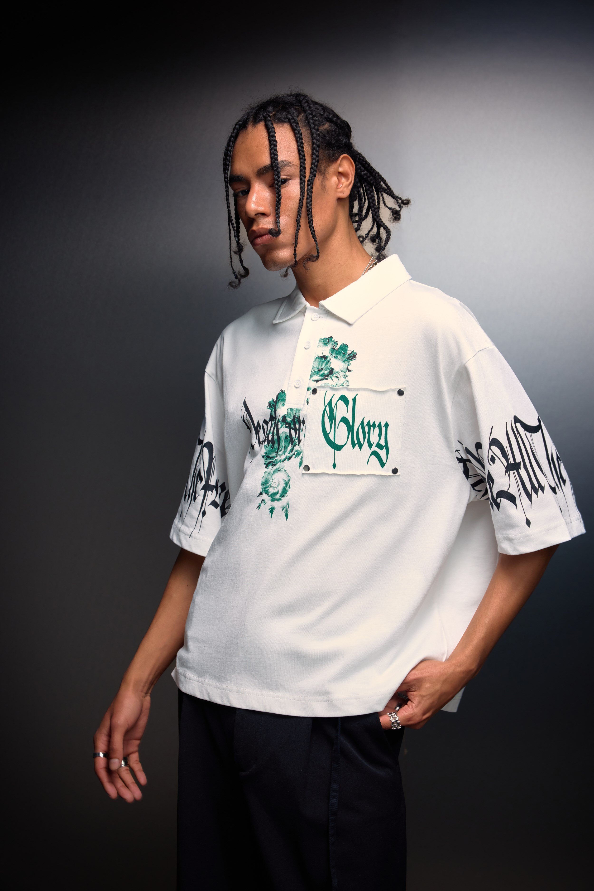 Erkek Beyaz Death or Glory Patchli Box Fit Polo Yaka Tshirt