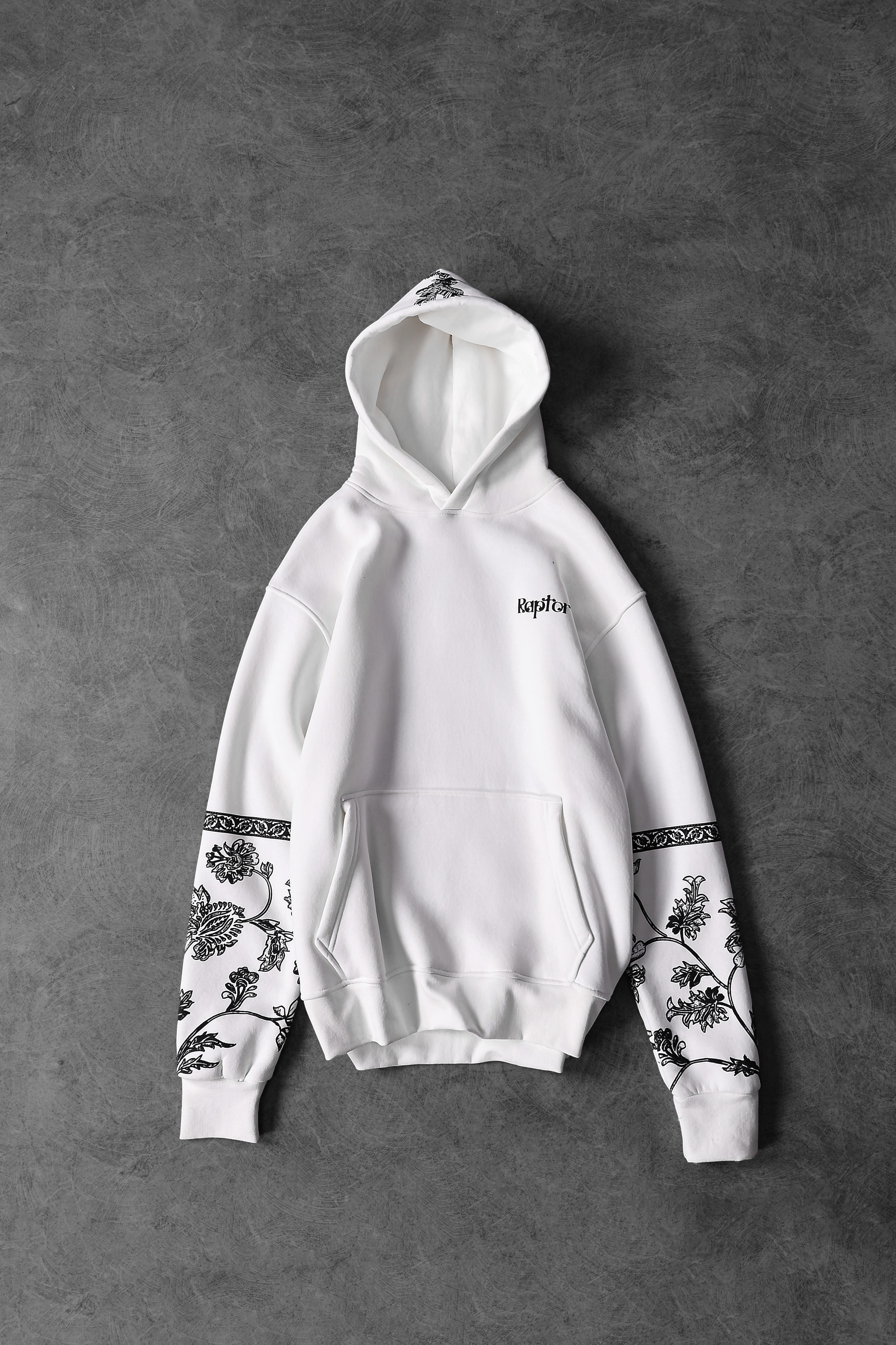 Erkek Beyaz Eagle Baskılı Oversize Kapüşonlu Sweatshirt