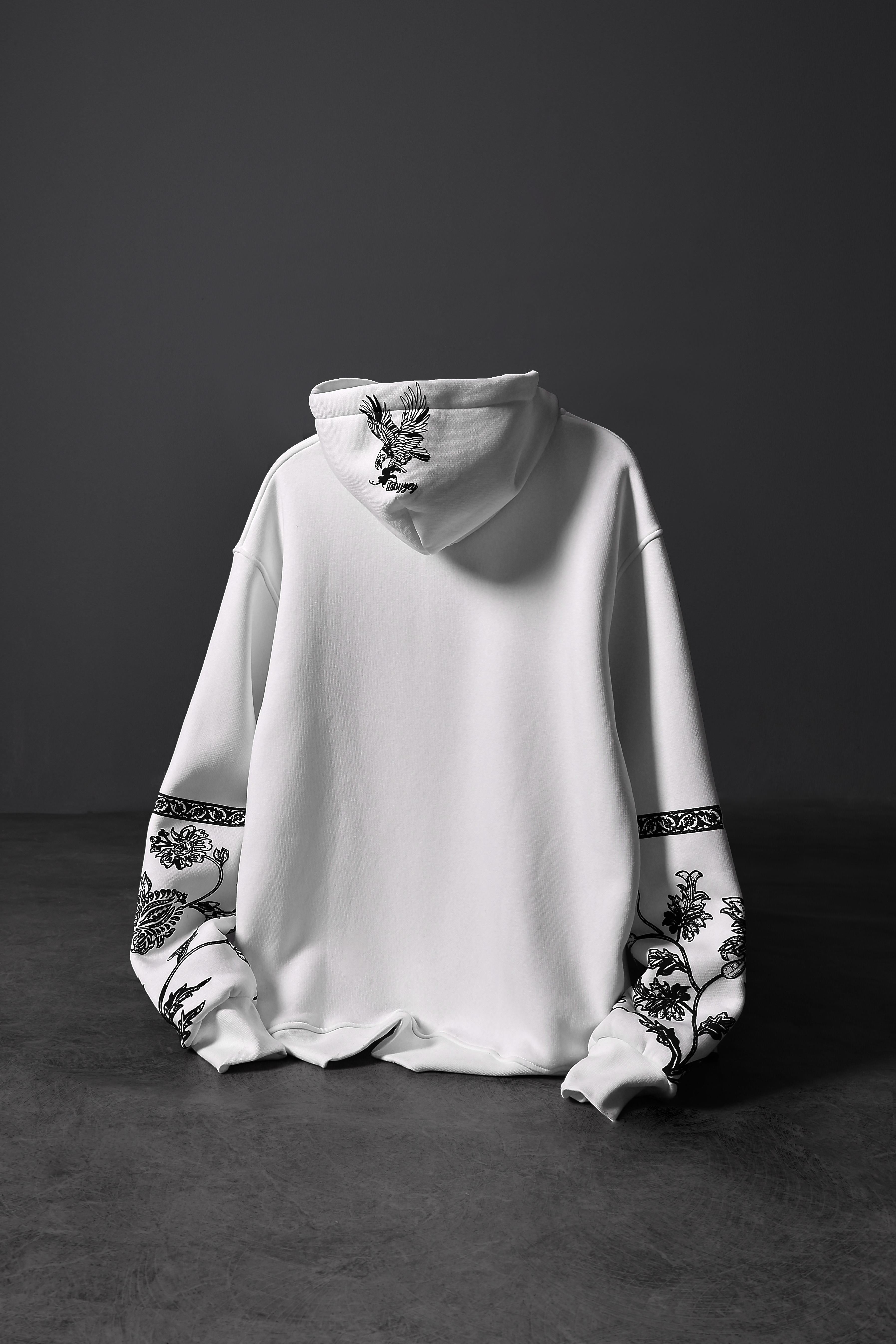 Erkek Beyaz Eagle Baskılı Oversize Kapüşonlu Sweatshirt