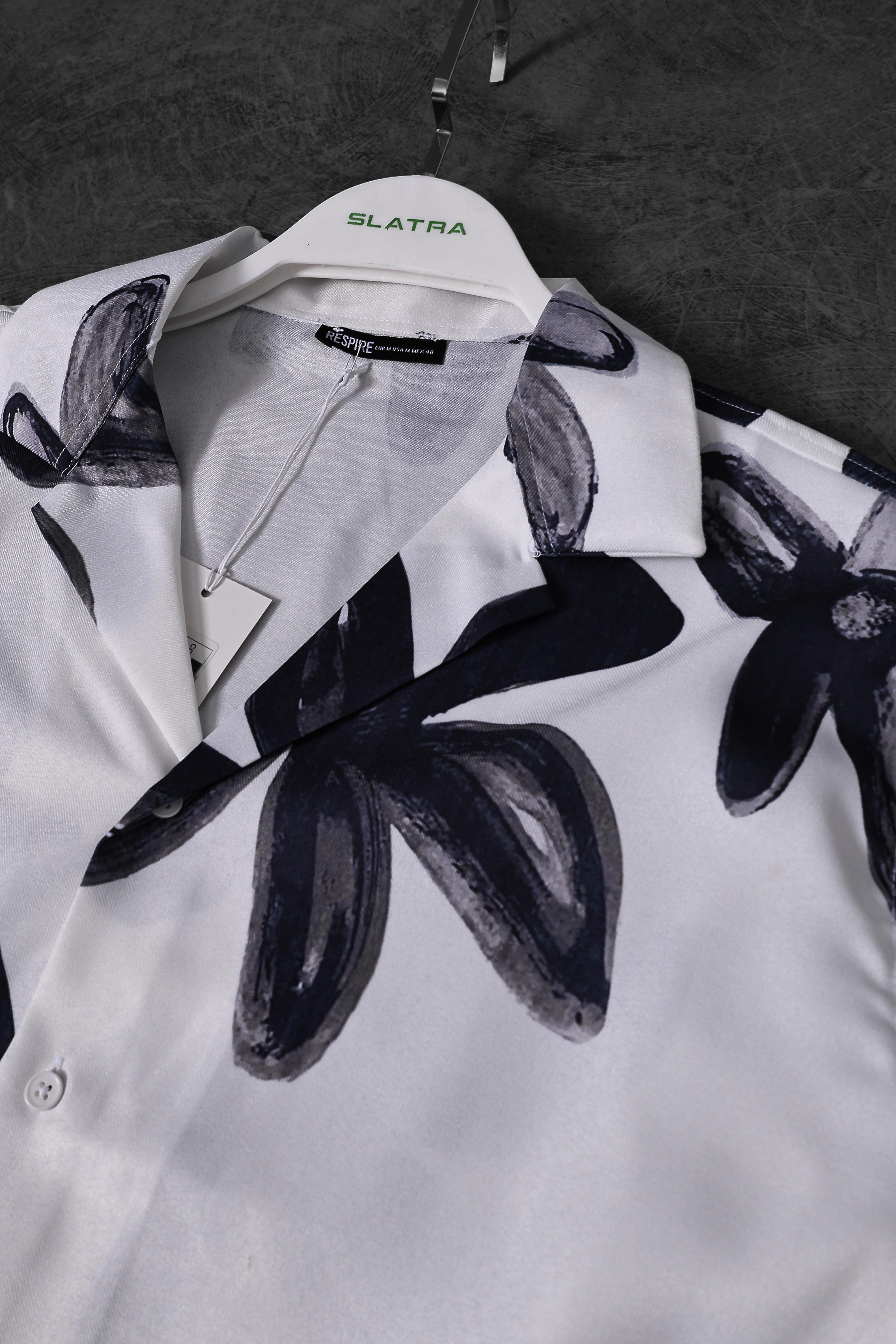Erkek Beyaz Flow Pattern Oversize Kısa Kollu Gömlek