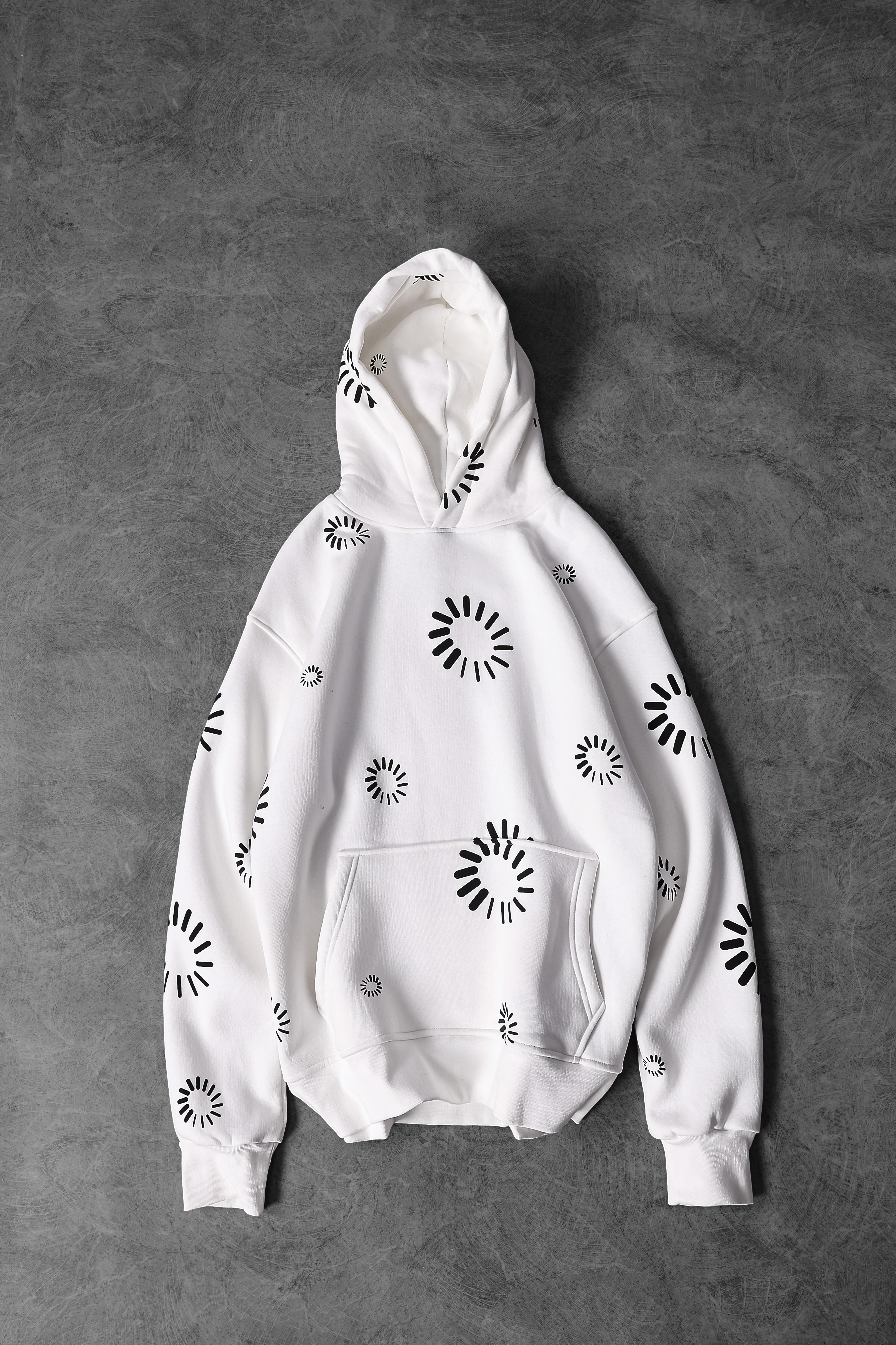 Erkek Beyaz Geometrik Kabartma Baskı Oversize Kapüşonlu Sweatshirt