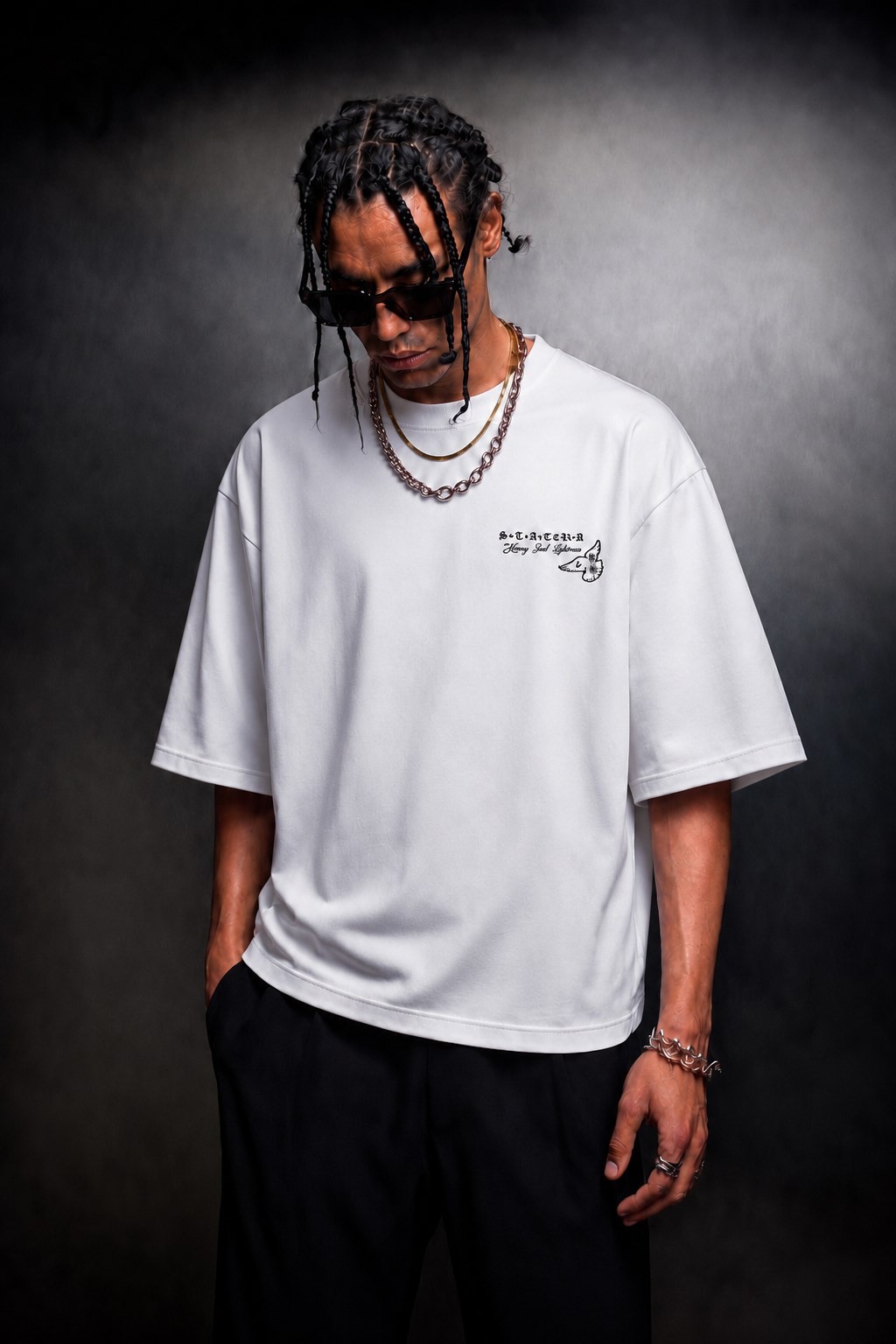 Erkek Beyaz Heavy Kabartma Baskı Oversize Tshirt
