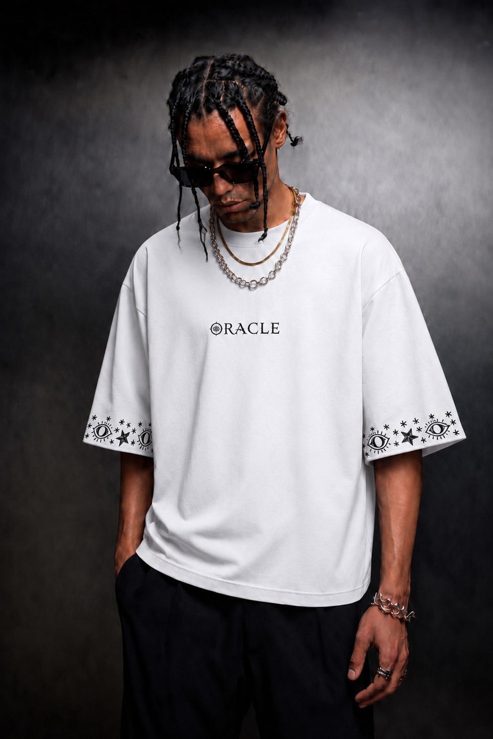 Erkek Beyaz Oracle Nakışlı Oversize Tshirt