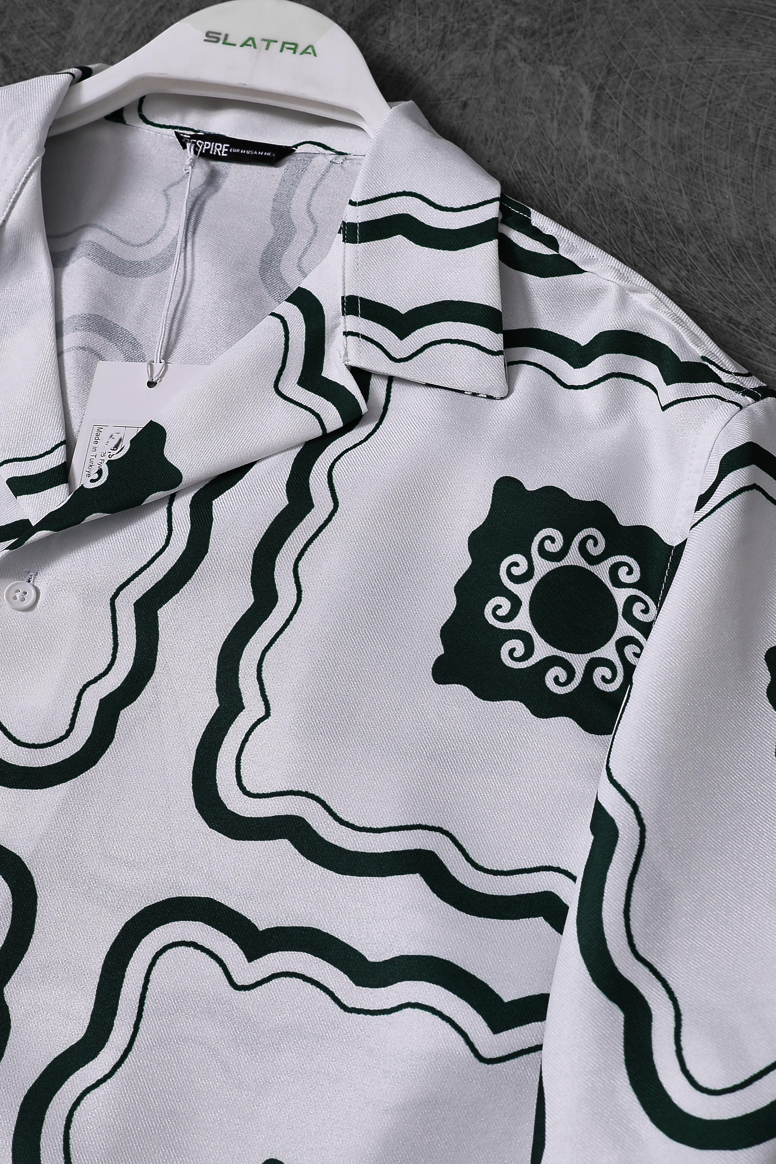 Erkek Beyaz Rectangle Pattern Oversize Kısa Kollu Gömlek
