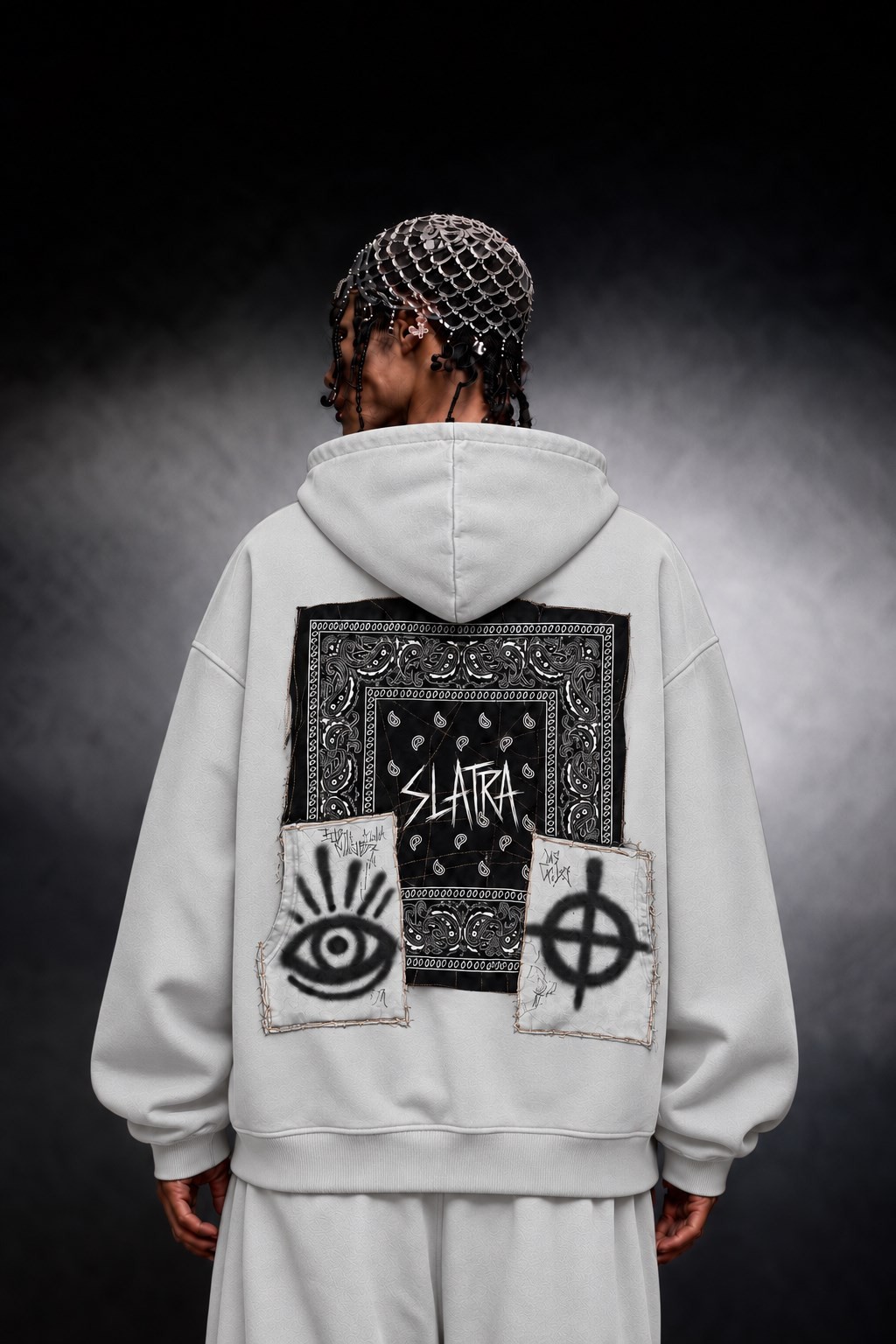 Erkek Beyaz Relic Patch Detay Oversize Hoodie