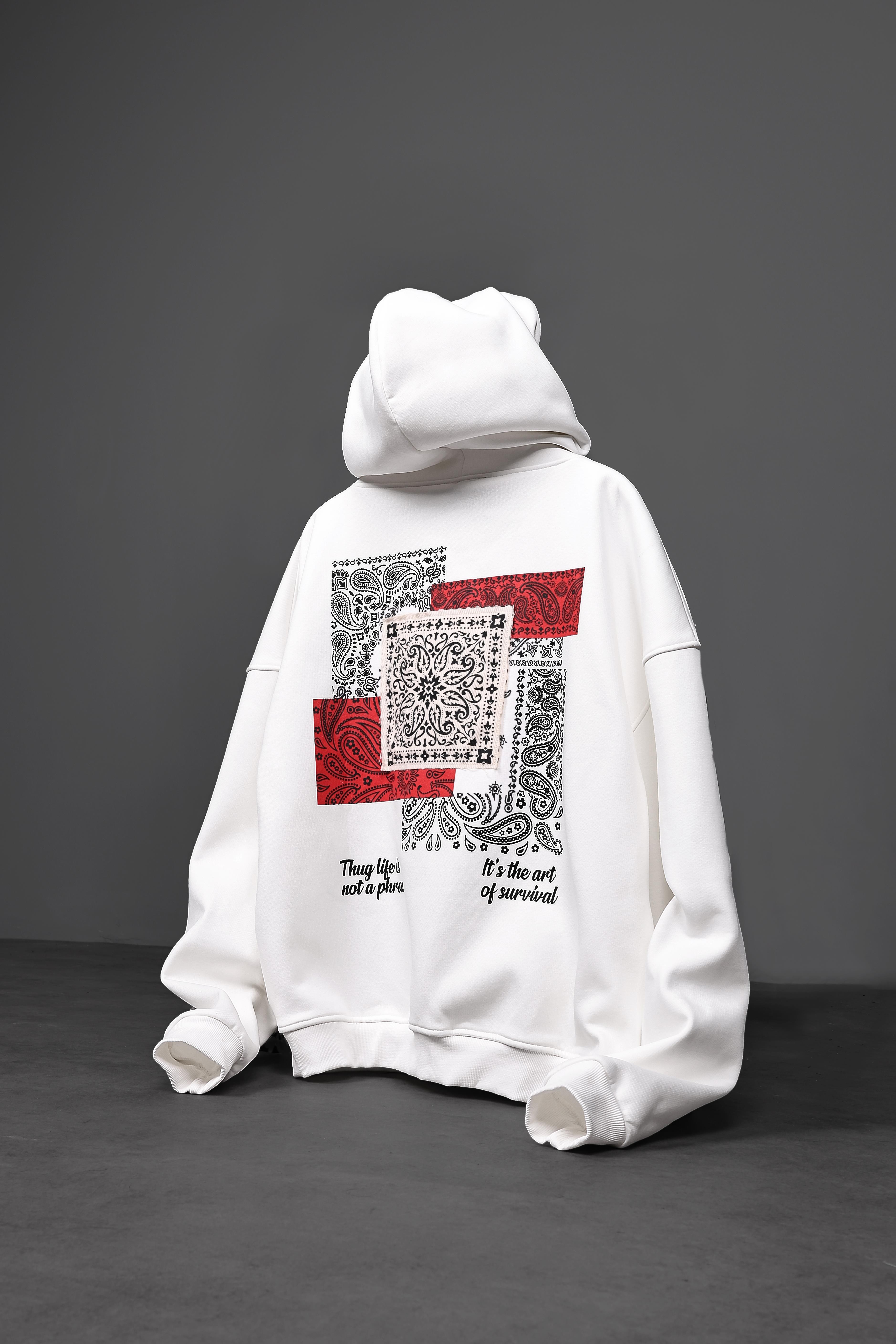 Erkek Beyaz Şal Baskılı Oversize Sweatshirt