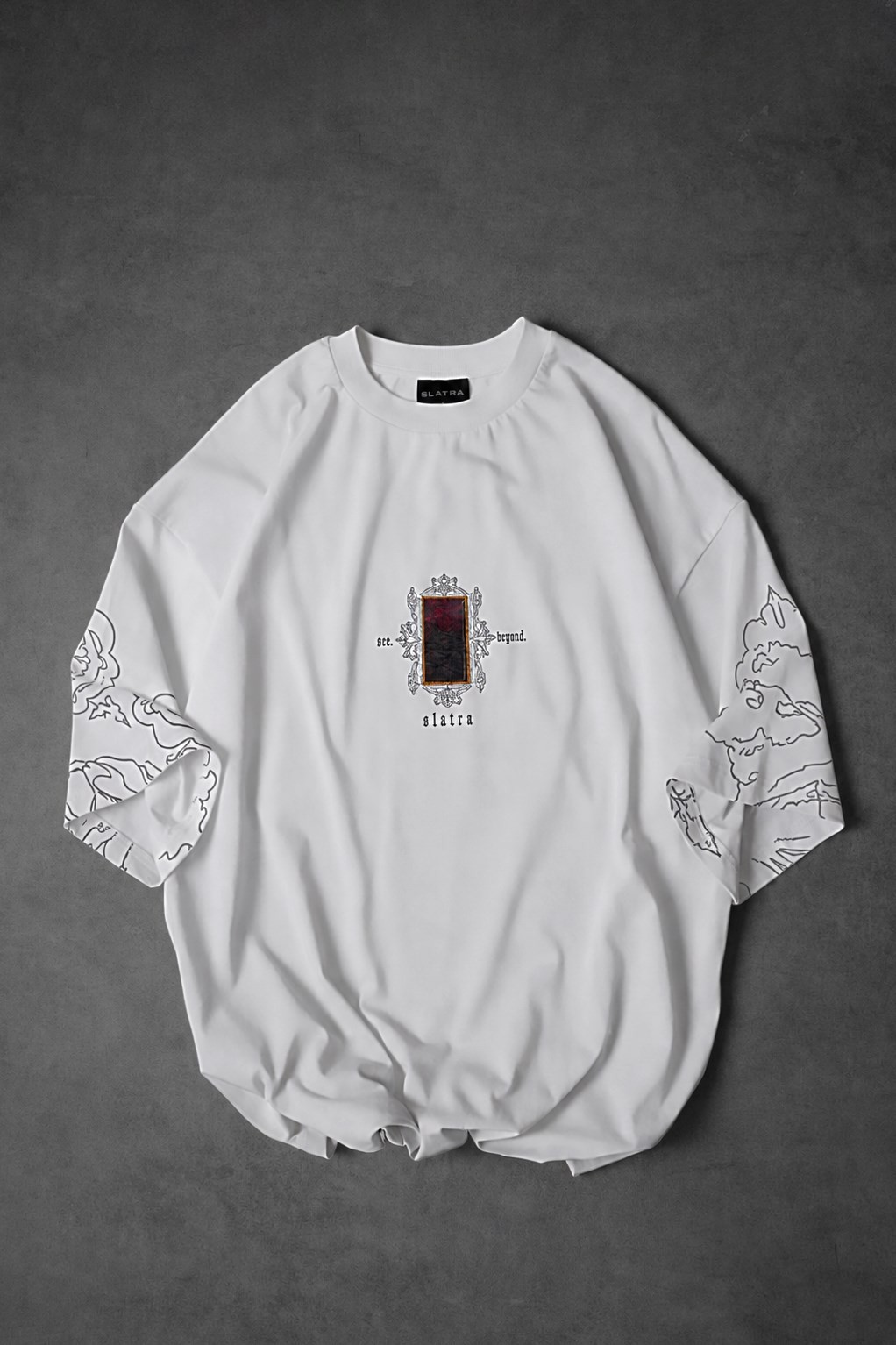 Erkek Beyaz Sanctum Kadife Patch Oversize Tshirt