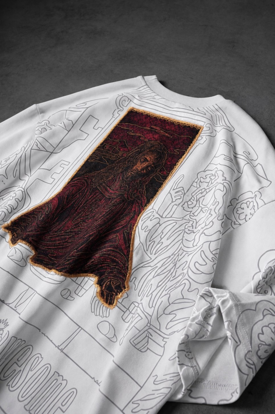 Erkek Beyaz Sanctum Kadife Patch Oversize Tshirt