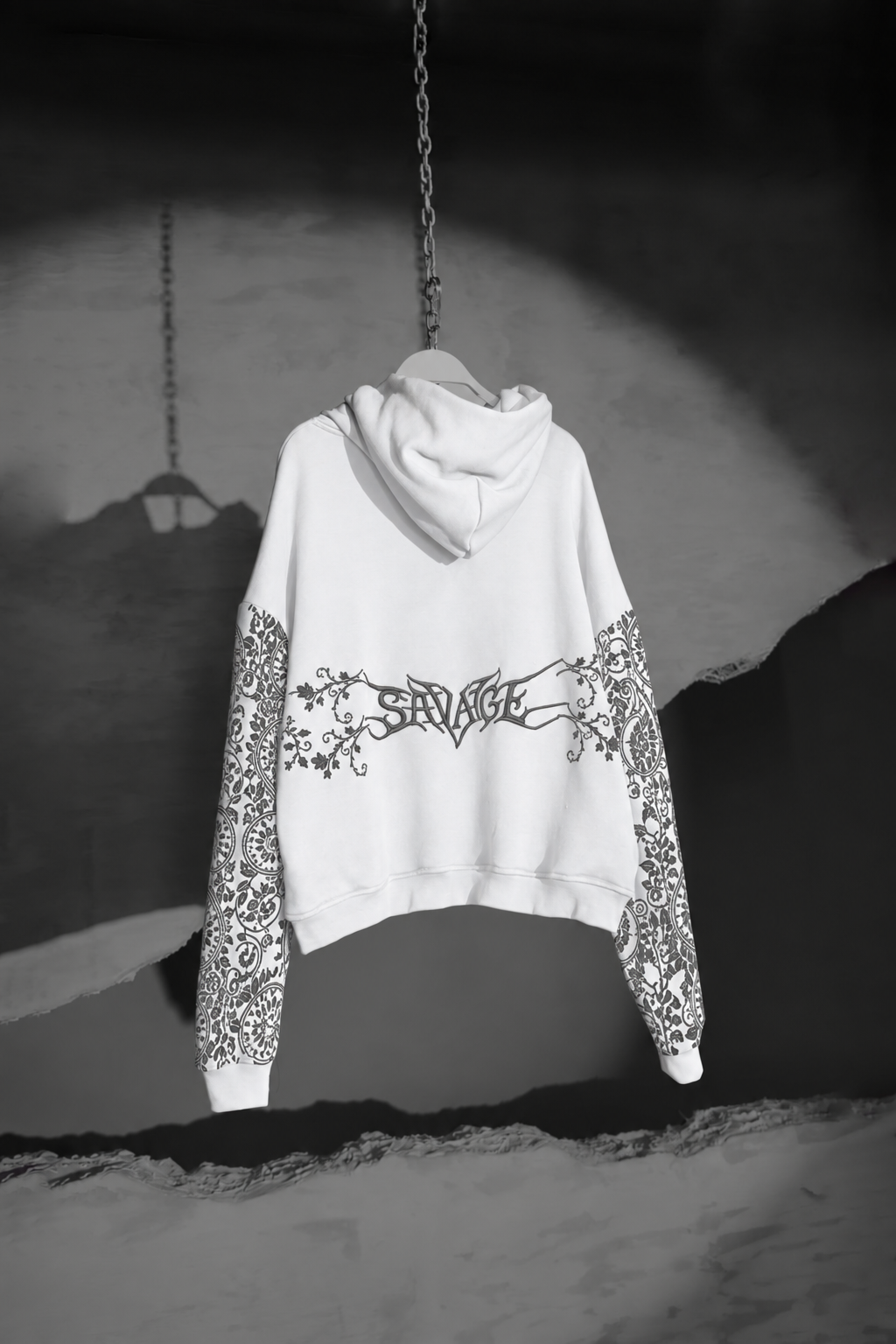 Erkek Beyaz Savage Nakışlı Oversize Hoodie