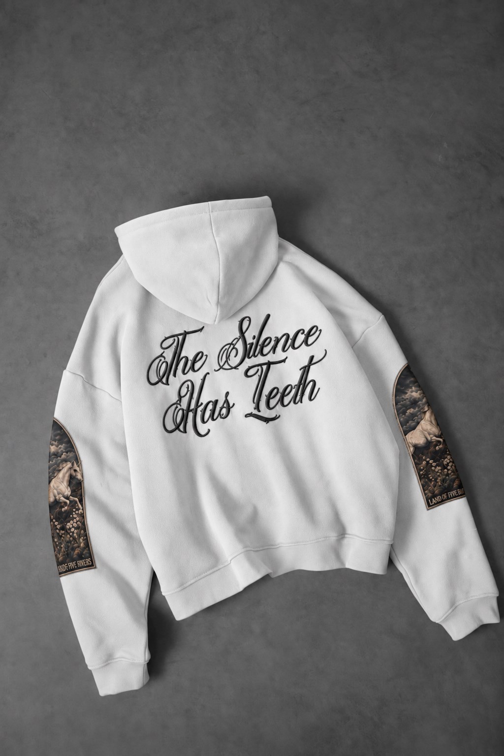 Erkek Beyaz Silence Patch Nakış Oversize Hoodie
