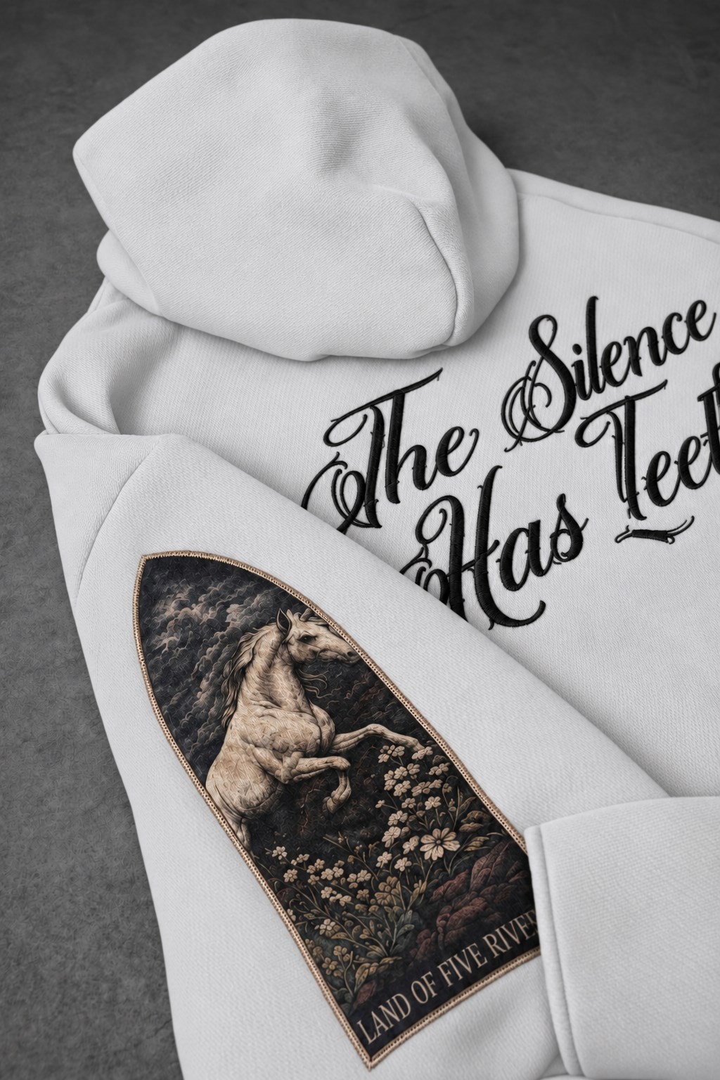 Erkek Beyaz Silence Patch Nakış Oversize Hoodie