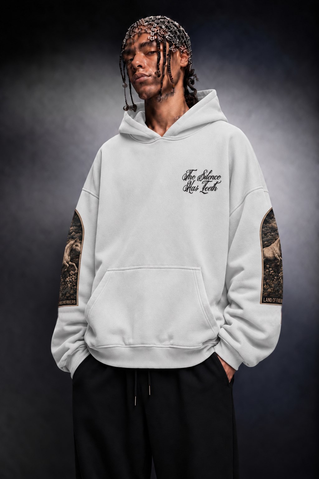 Erkek Beyaz Silence Patch Nakış Oversize Hoodie