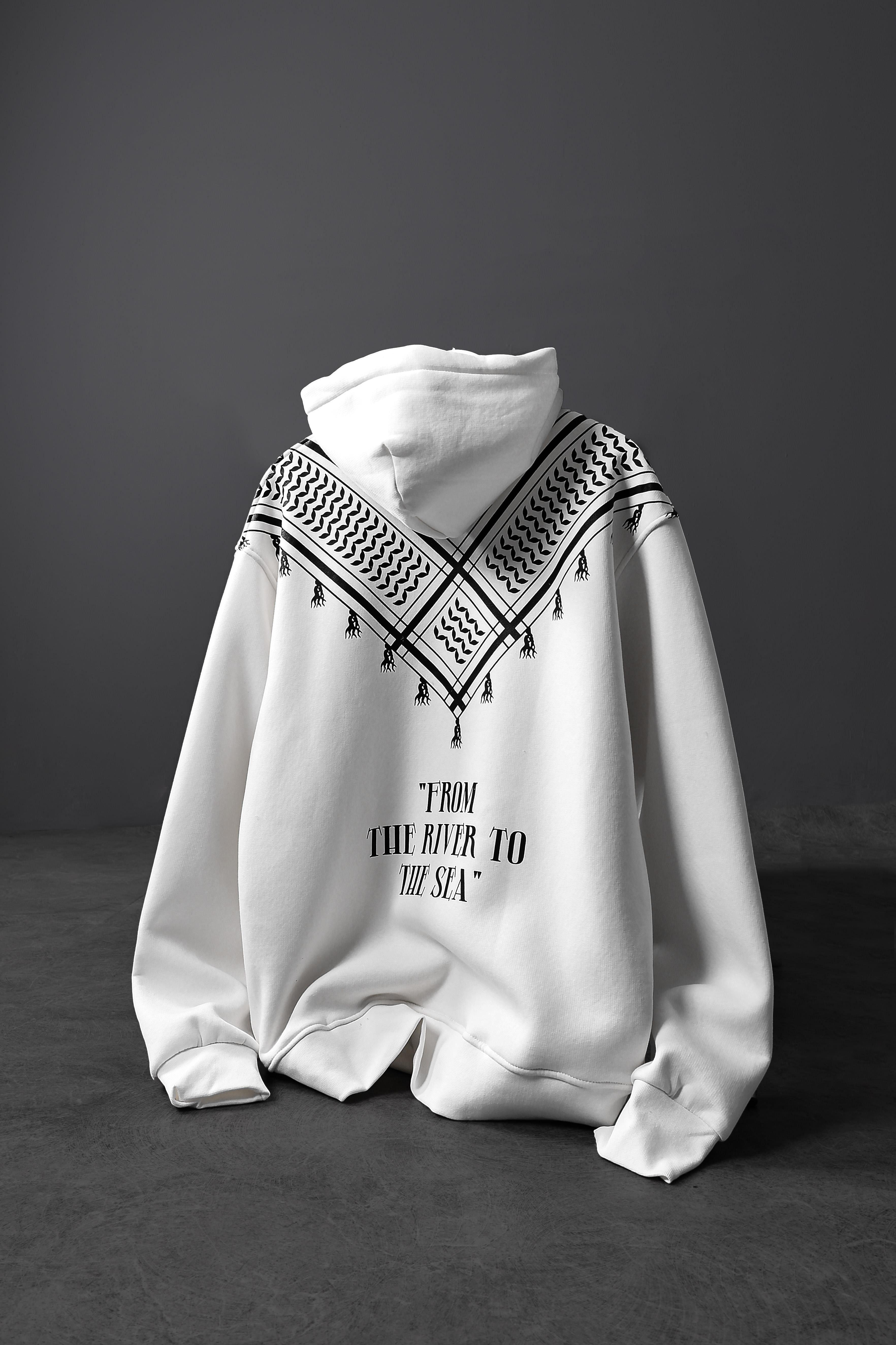 Erkek Beyaz Sırt Şal Desen Oversize Kapüşonlu Sweatshirt