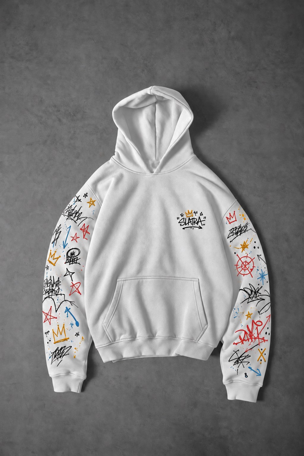 Erkek Beyaz Sking Kol Detay Oversize Hoodie