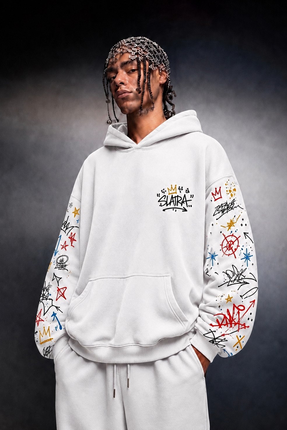 Erkek Beyaz Sking Kol Detay Oversize Hoodie