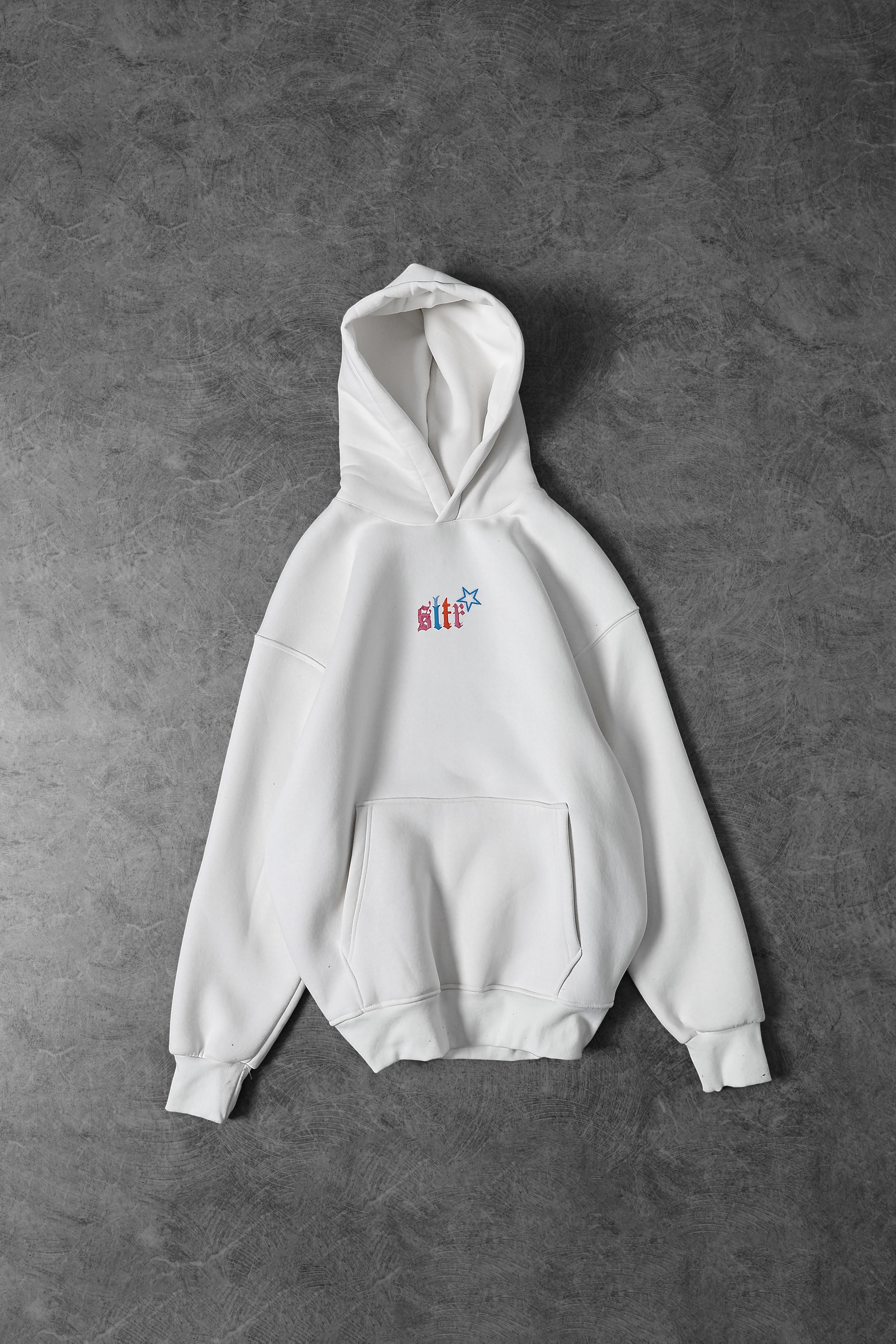 Erkek Beyaz Stars Kabartma Baskı Kapüşonlu Oversize Sweatshirt