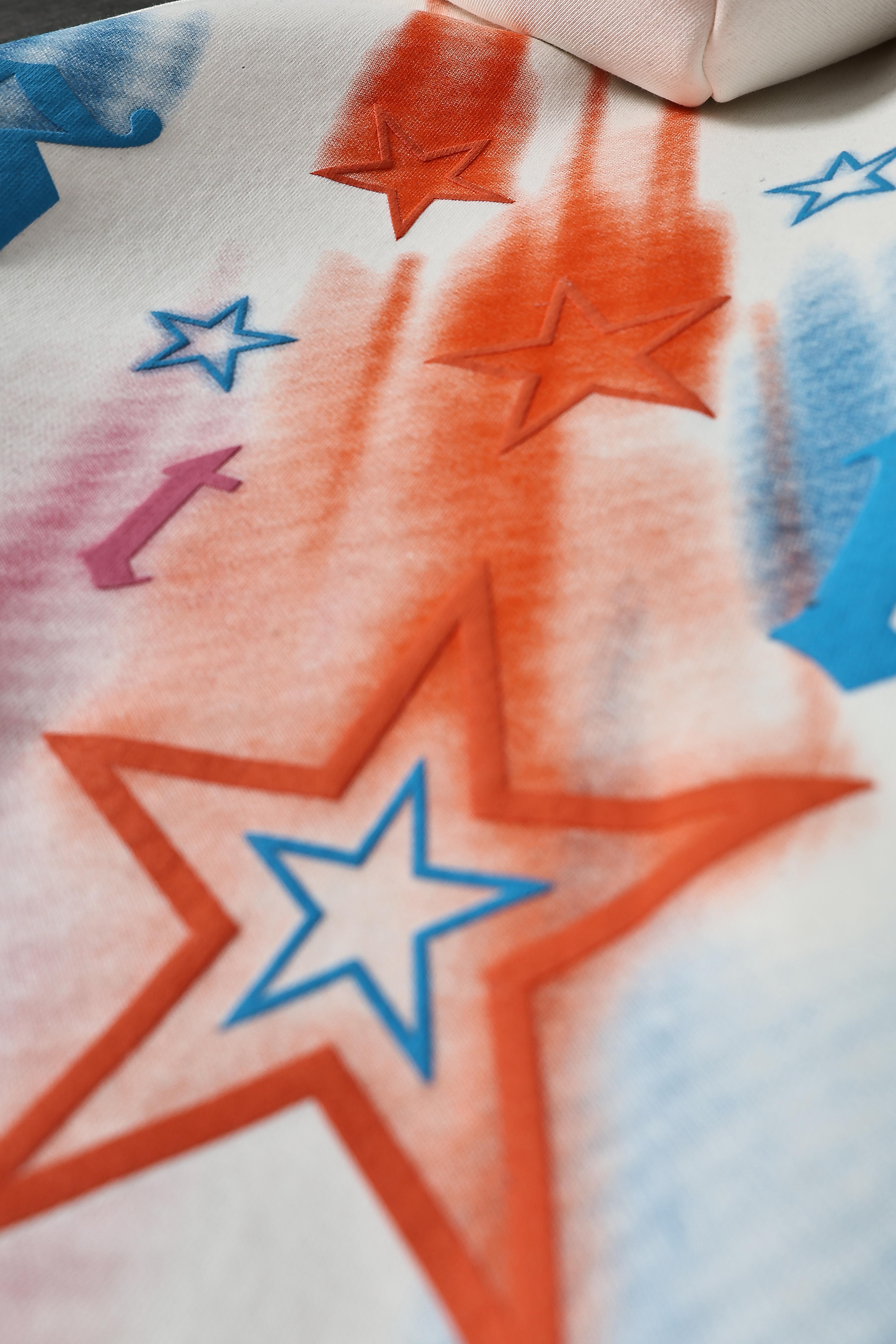 Erkek Beyaz Stars Kabartma Baskı Kapüşonlu Oversize Sweatshirt