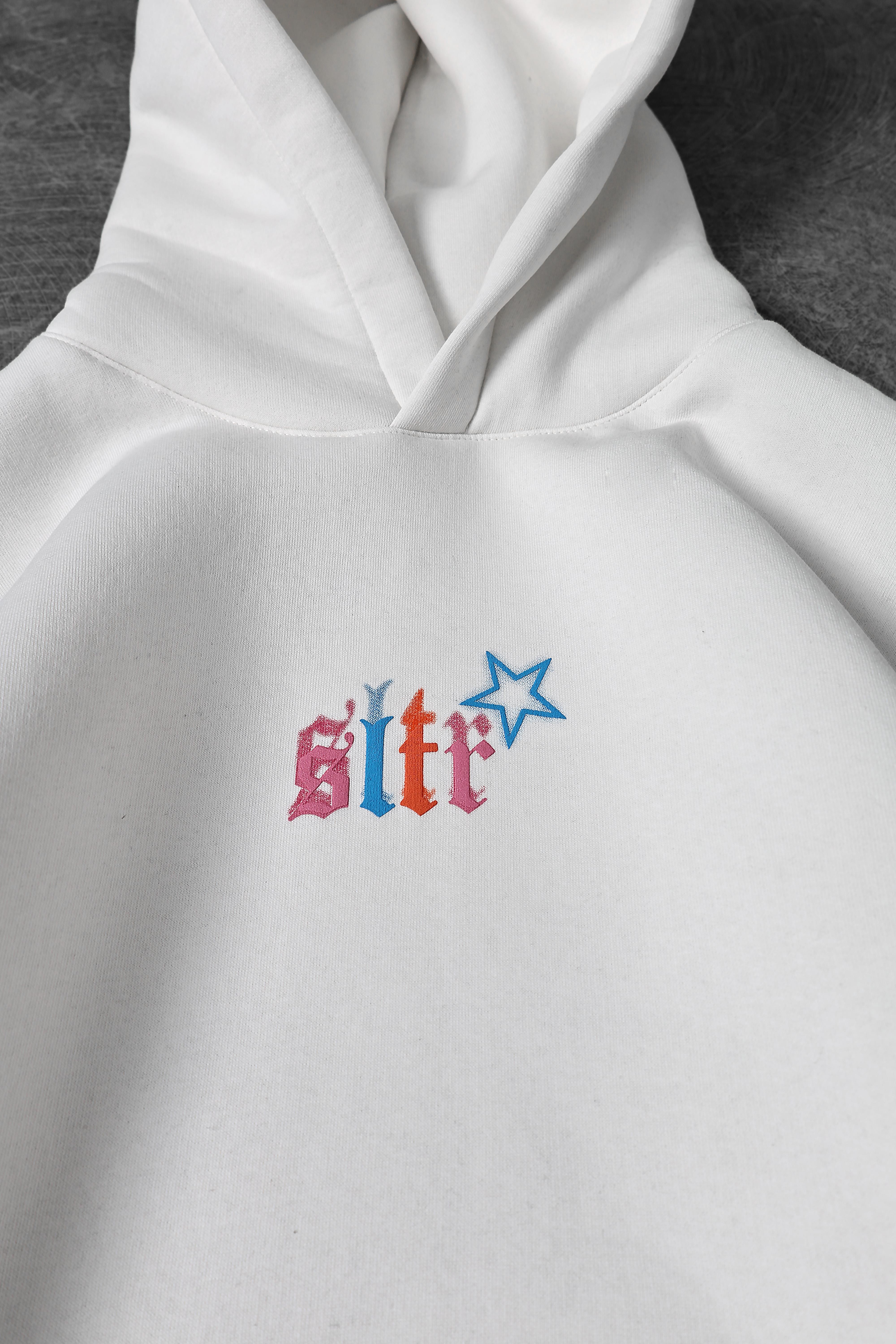 Erkek Beyaz Stars Kabartma Baskı Kapüşonlu Oversize Sweatshirt