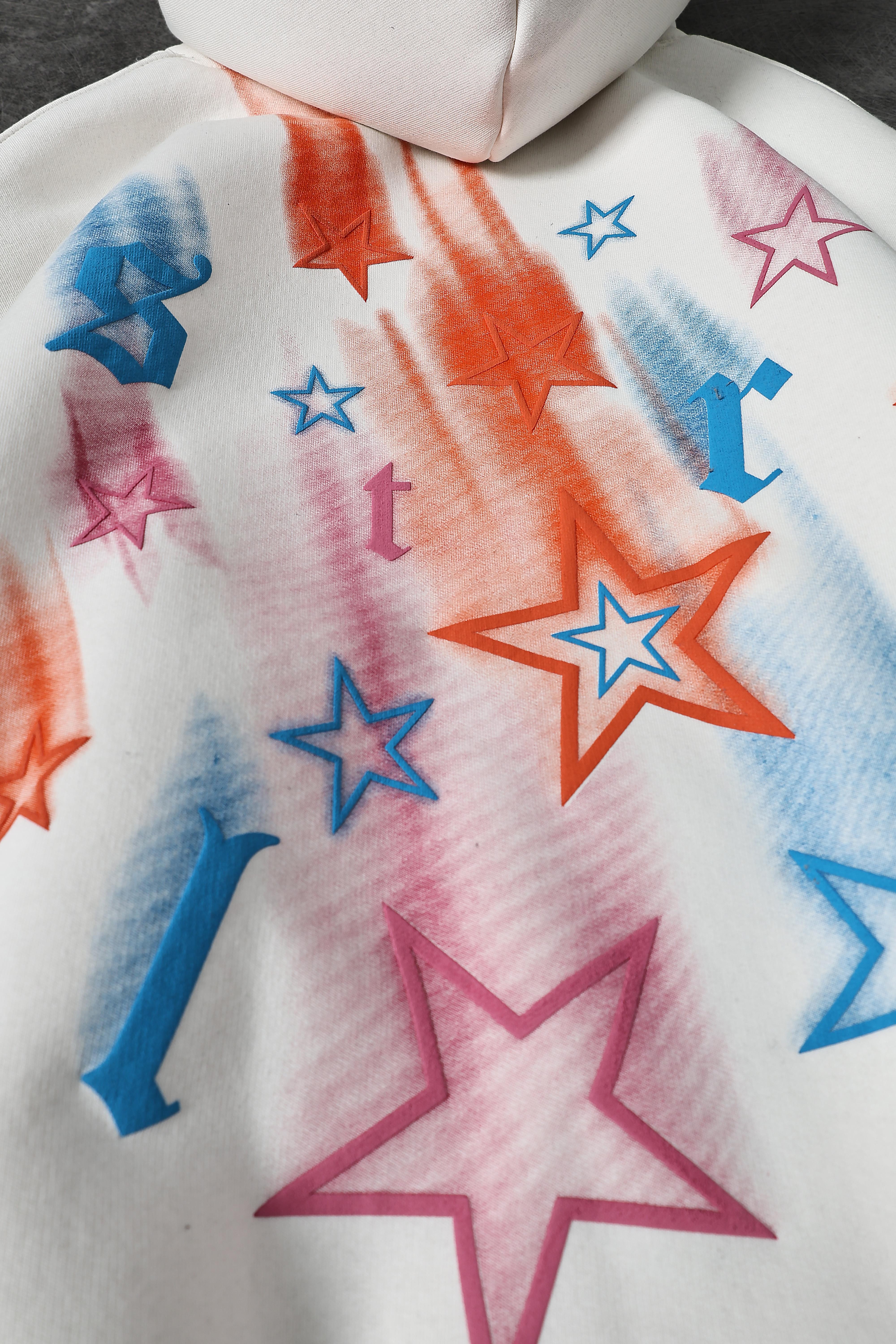 Erkek Beyaz Stars Kabartma Baskı Kapüşonlu Oversize Sweatshirt