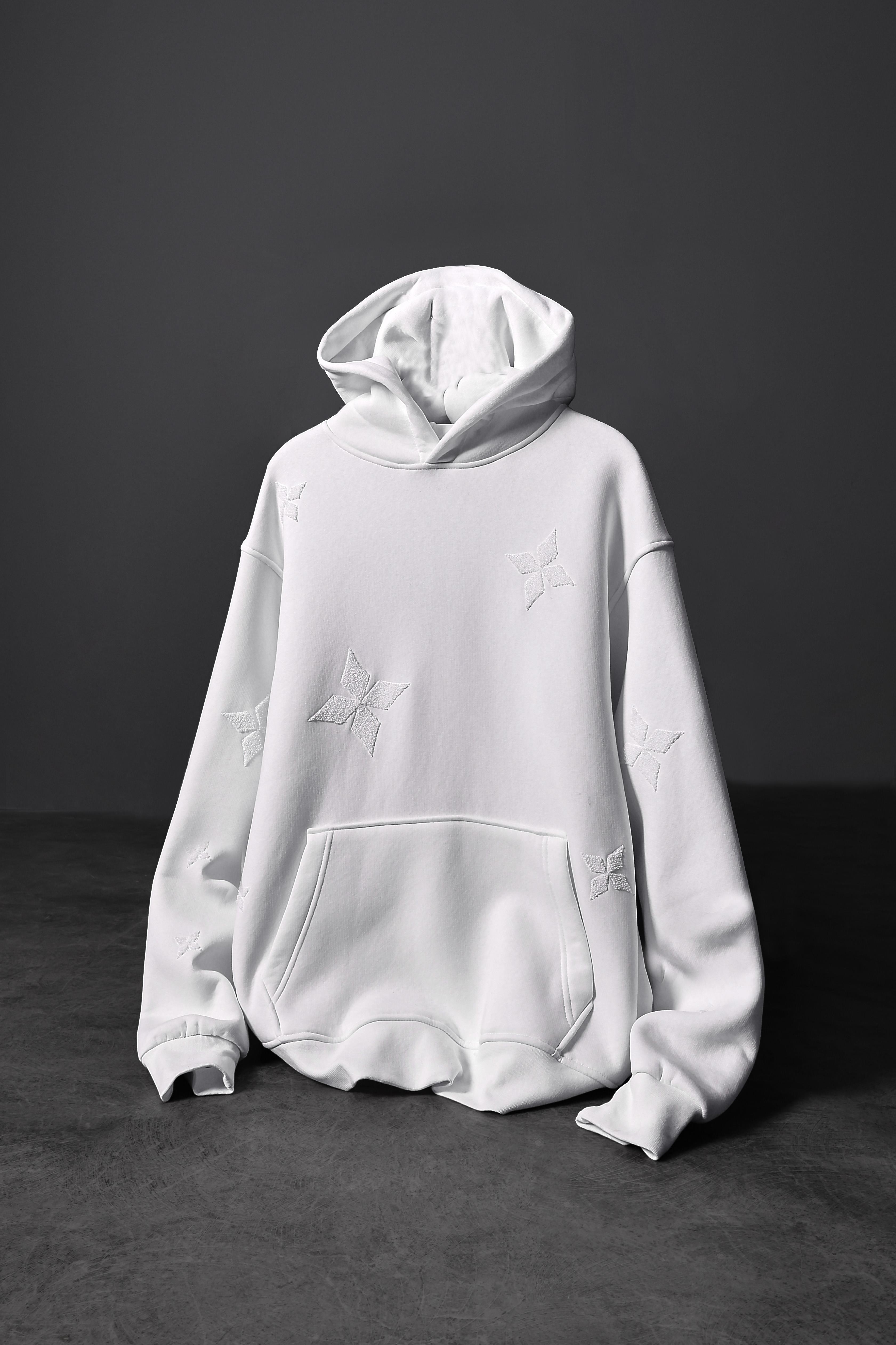 Erkek Beyaz Tona Ton Nakışlı Oversize Kapüşonlu Sweatshirt