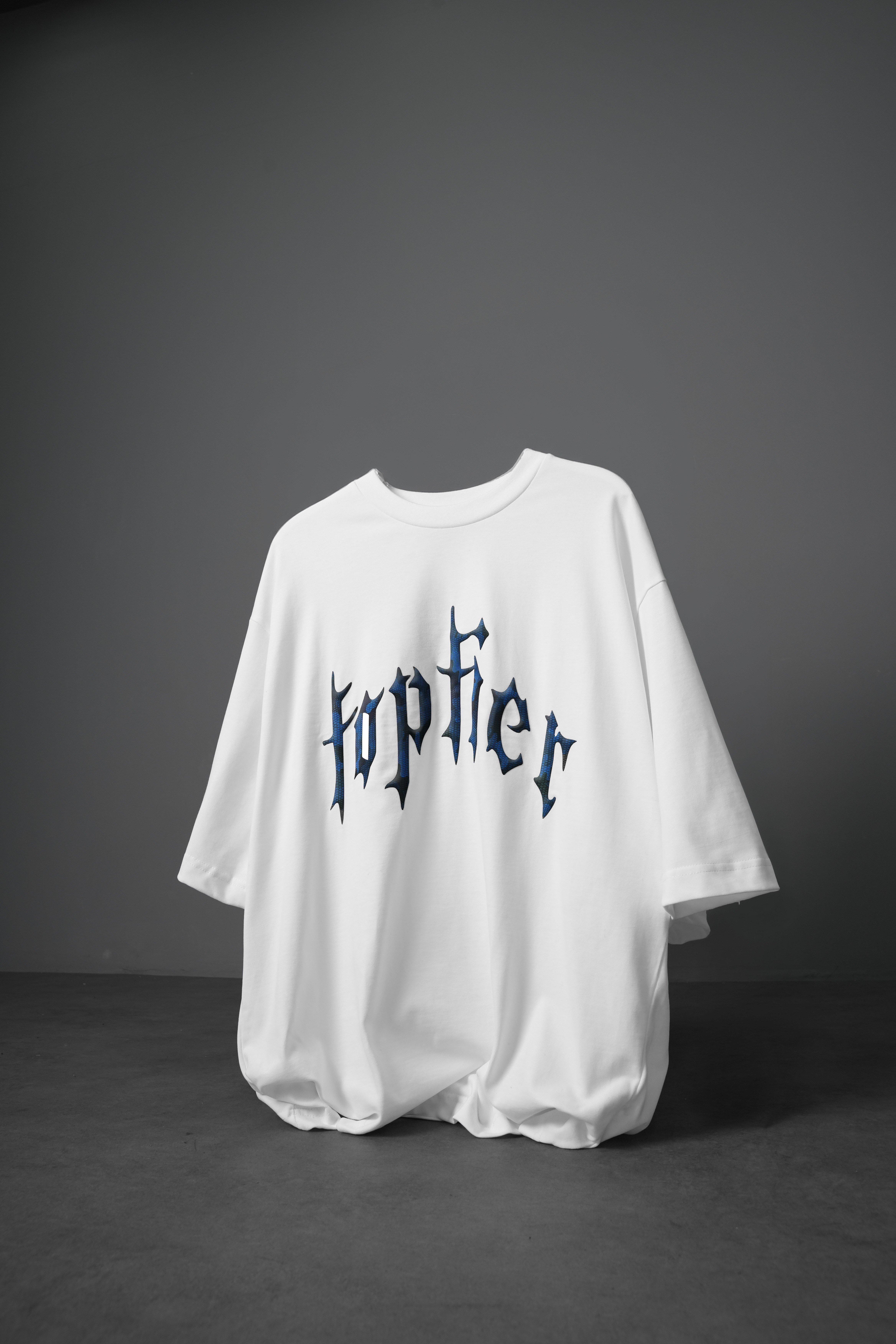 Erkek Beyaz Toptier Reflektör Baskı Box Fit Tshirt