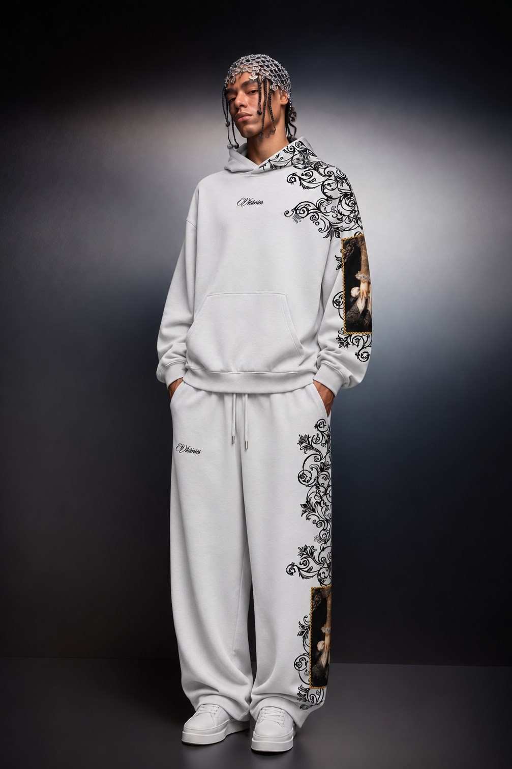 Erkek Beyaz Victories Kol Patch Oversize Hoodie