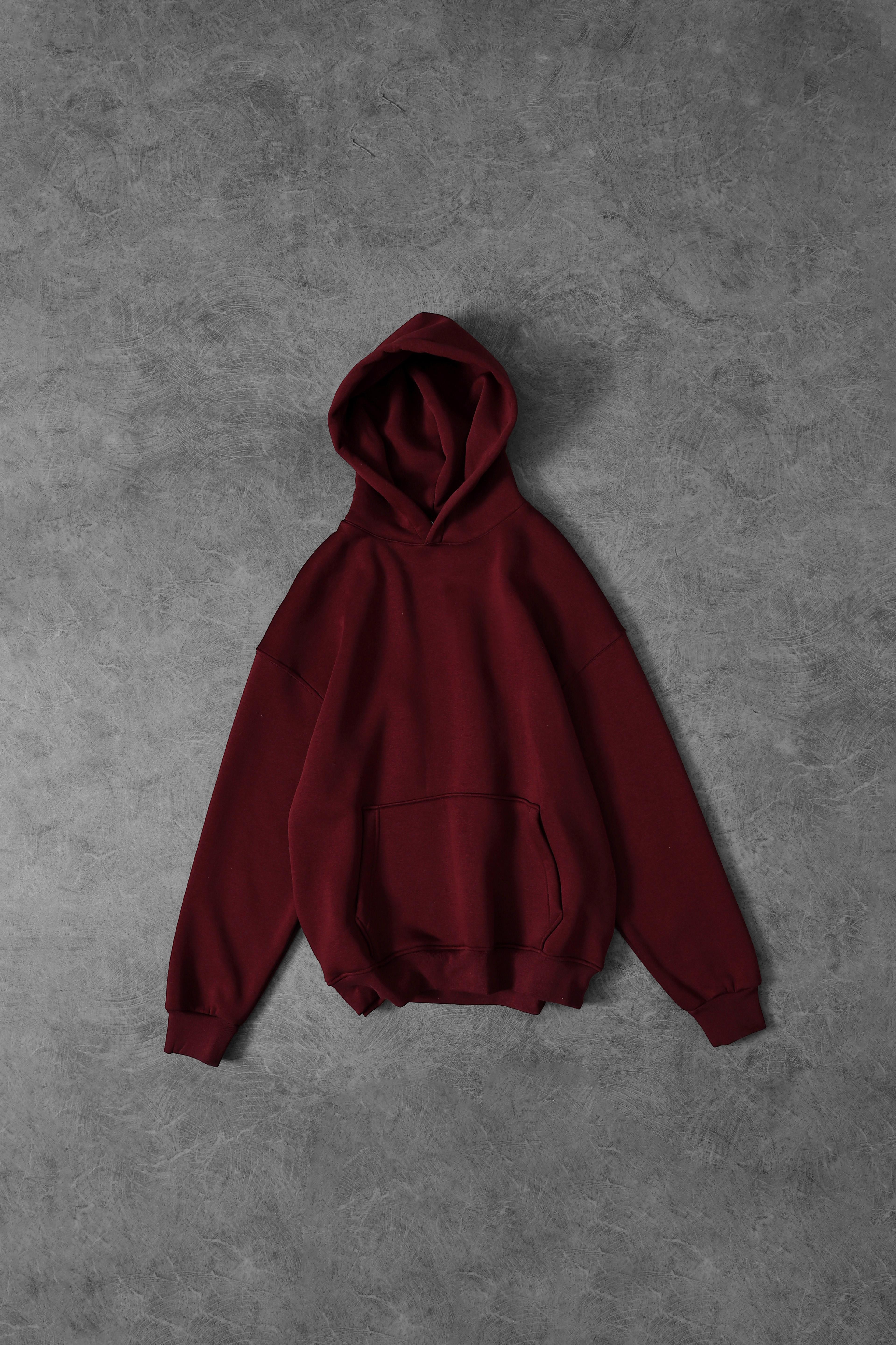 Erkek Bordo Basic Kapüşonlu Oversize Sweatshirt
