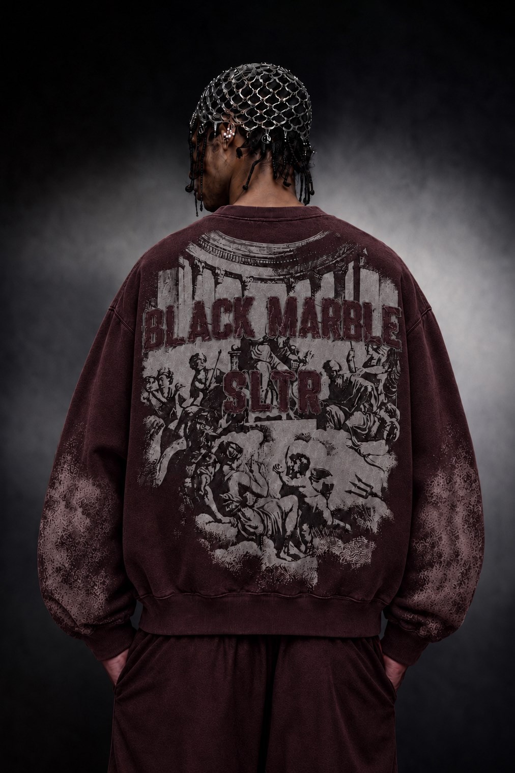 Erkek Bordo Black Marble Özel Yıkamalı Oversize Sweatshirt