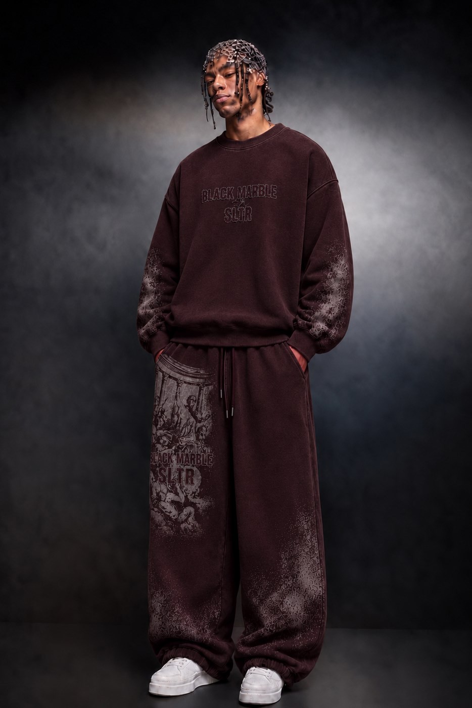 Erkek Bordo Black Marble Özel Yıkamalı Oversize Sweatshirt