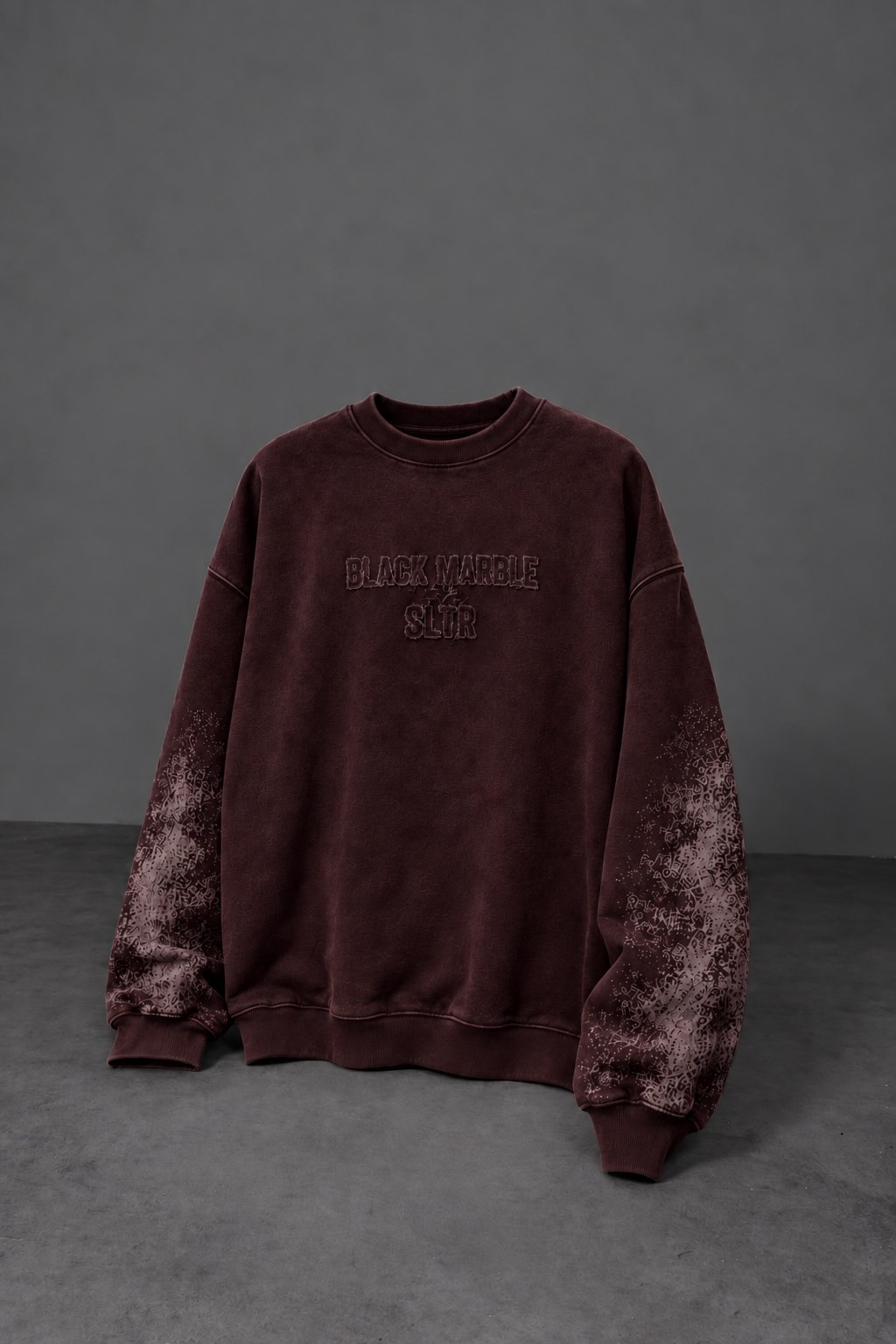 Erkek Bordo Black Marble Özel Yıkamalı Oversize Sweatshirt