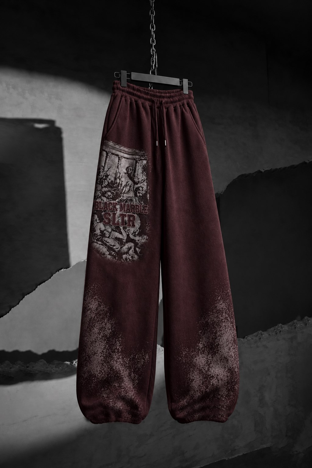 Erkek Bordo Black Marble Özel Yıkamalı Baggy Eşofman