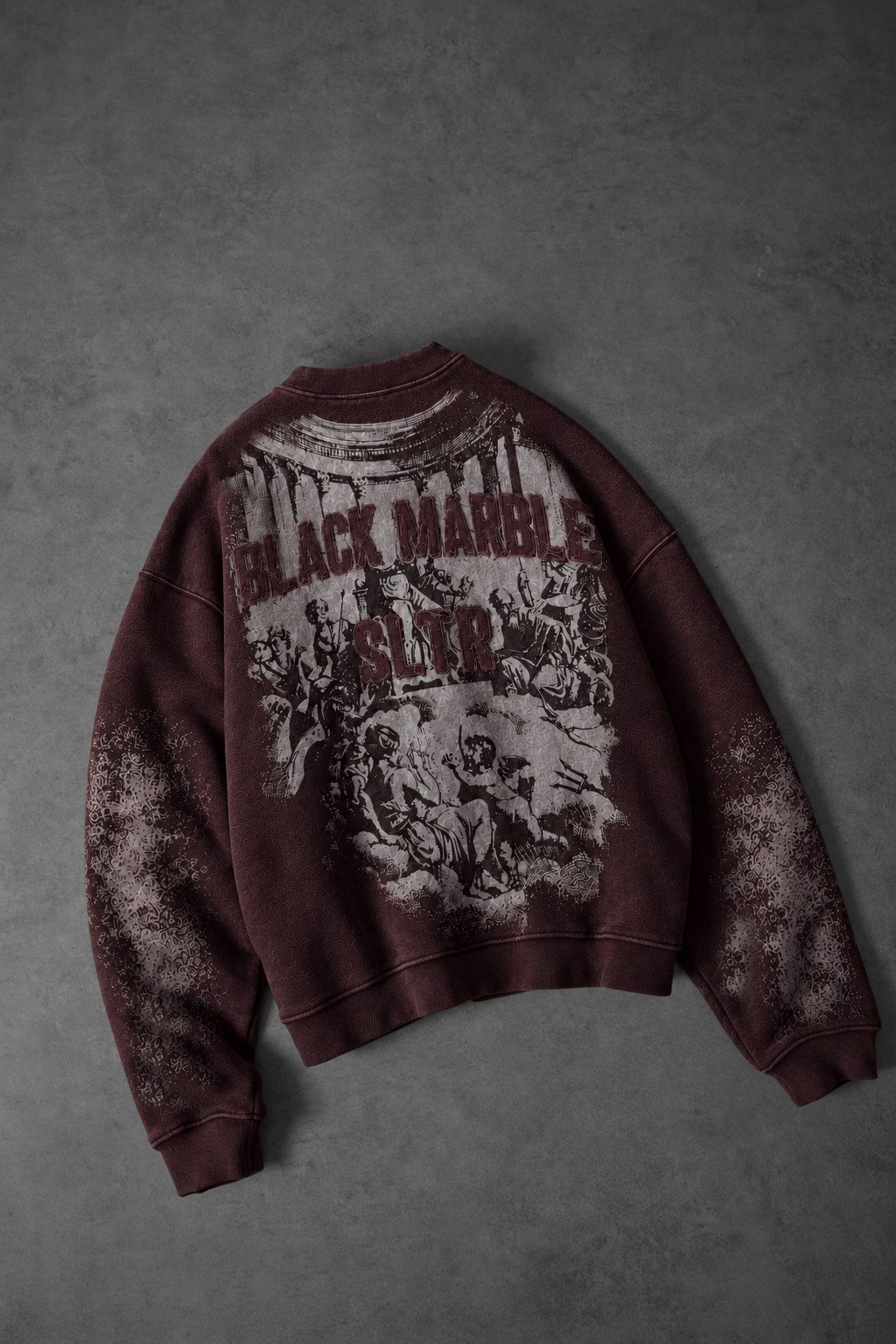 Erkek Bordo Black Marble Özel Yıkamalı Oversize Sweatshirt