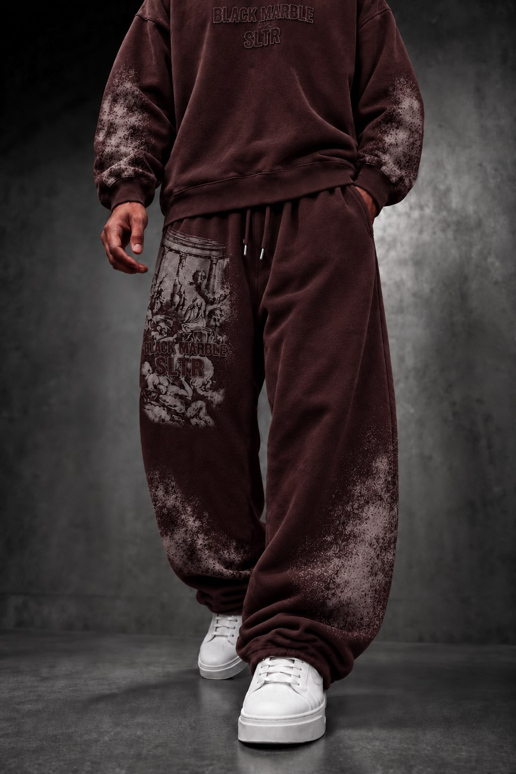 Erkek Bordo Black Marble Özel Yıkamalı Baggy Eşofman