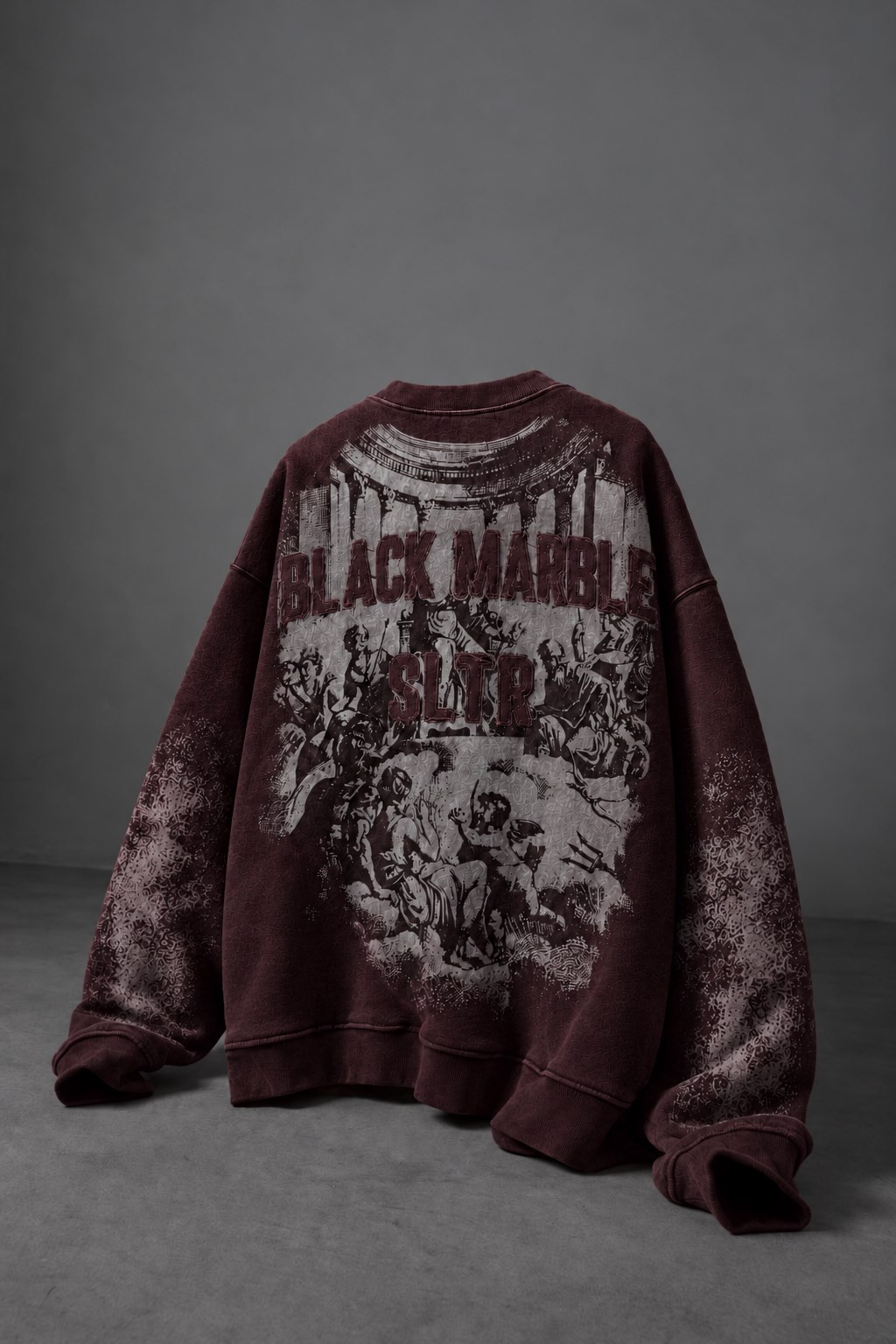Erkek Bordo Black Marble Özel Yıkamalı Oversize Sweatshirt