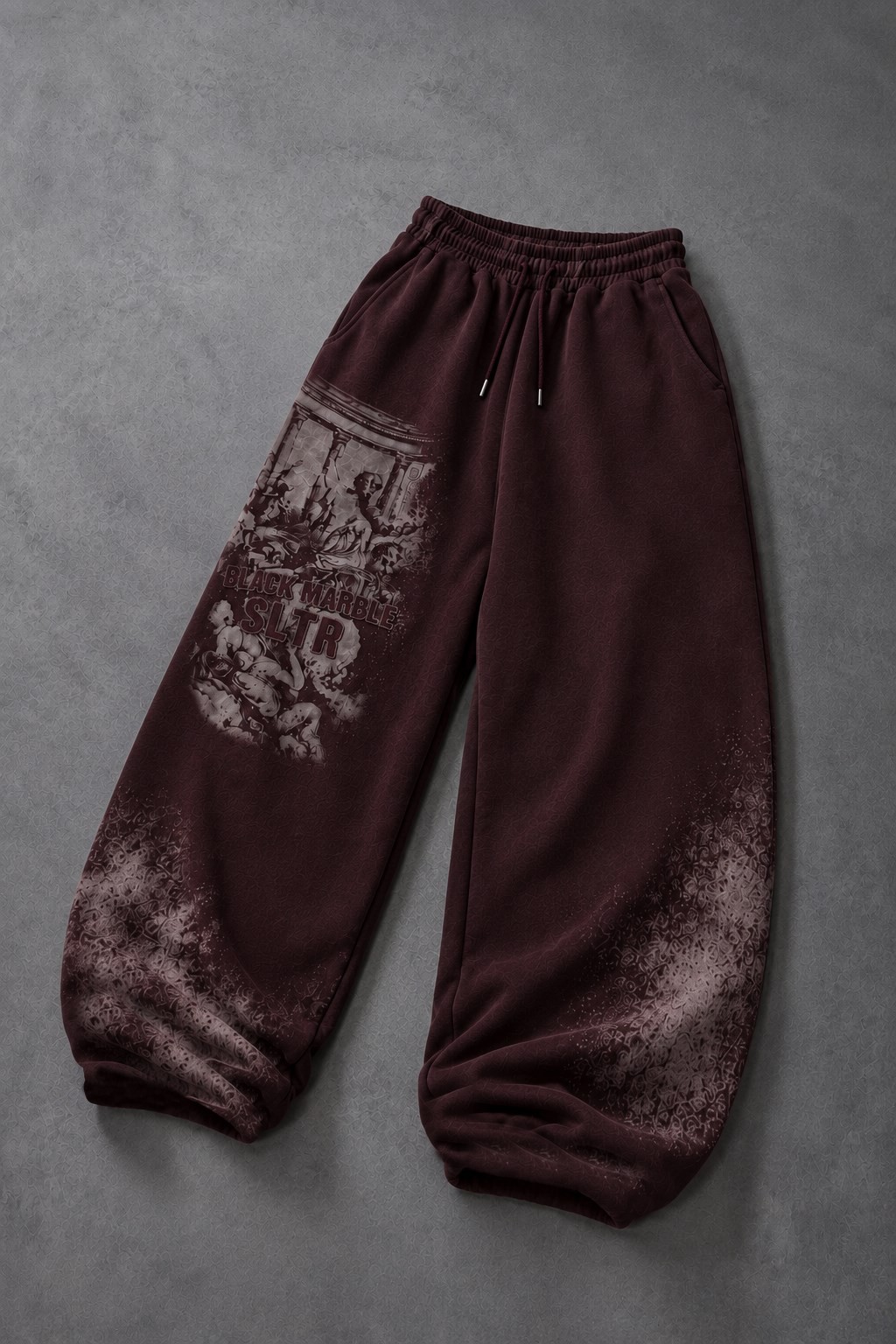 Erkek Bordo Black Marble Özel Yıkamalı Baggy Eşofman