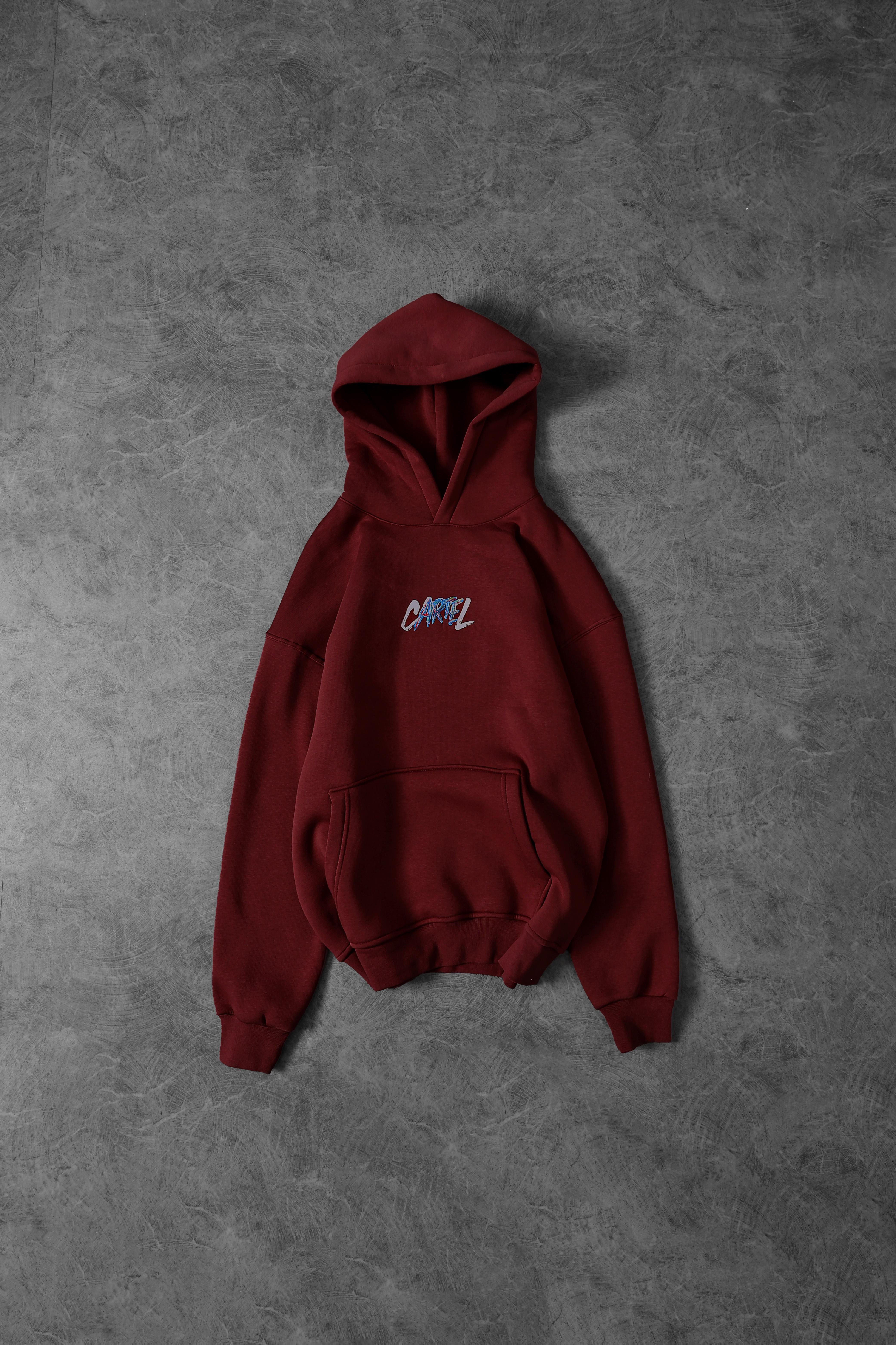 Erkek Bordo Cartel Kabartma Baskılı Kapüşonlu Oversize Sweatshirt